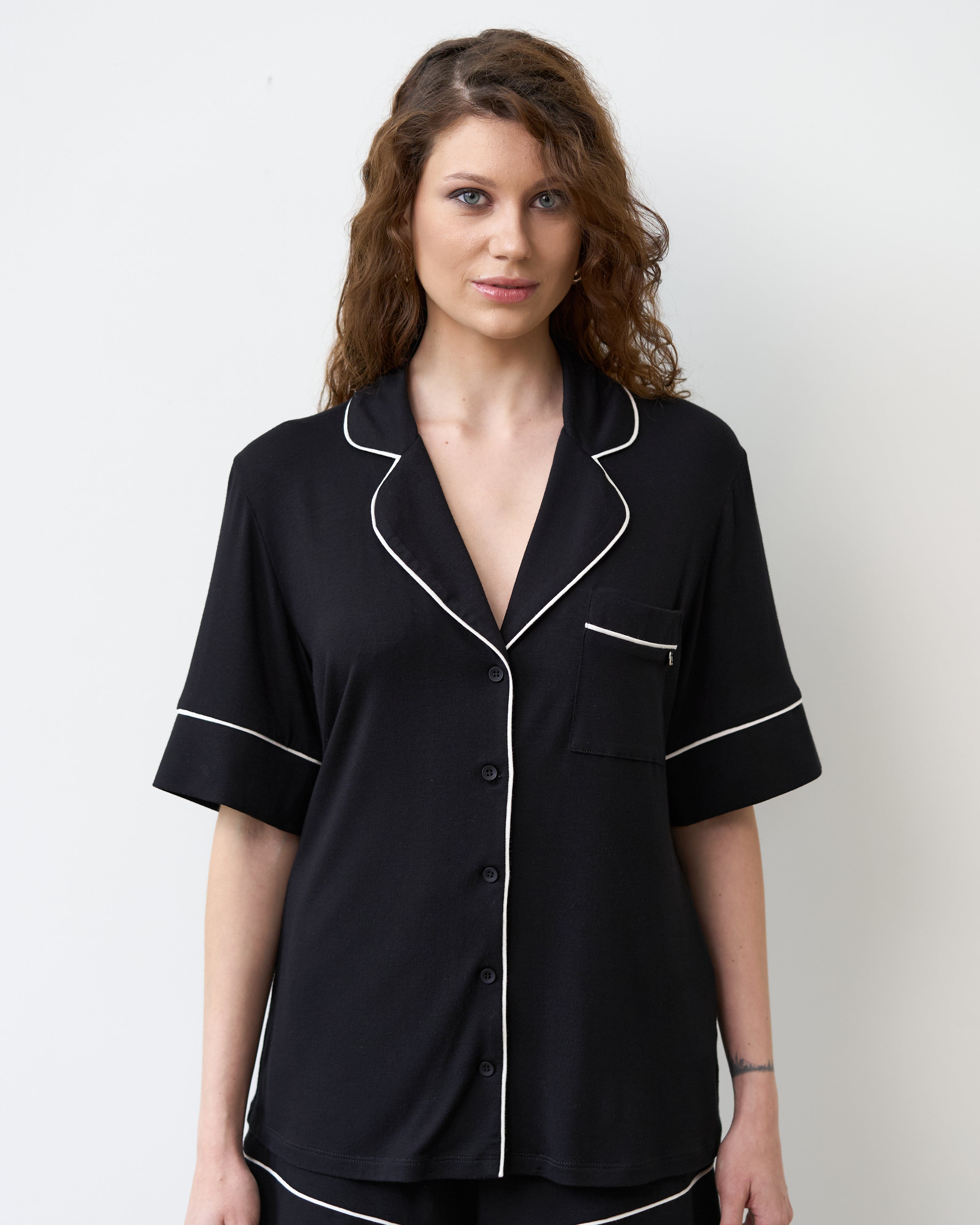 Bamboo button-up short sleeve Shirt 02115/1 black