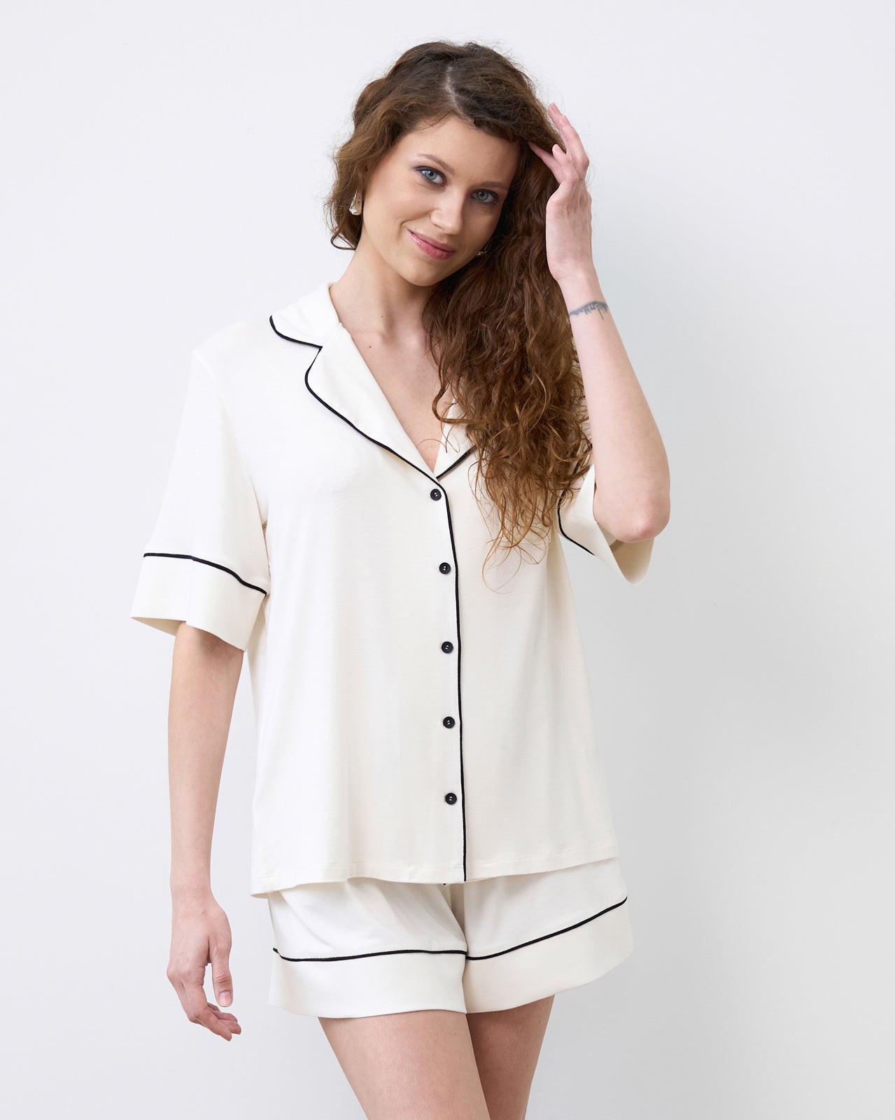 Bamboo button-up short sleeve Pajama set with shorts 02115 ivory