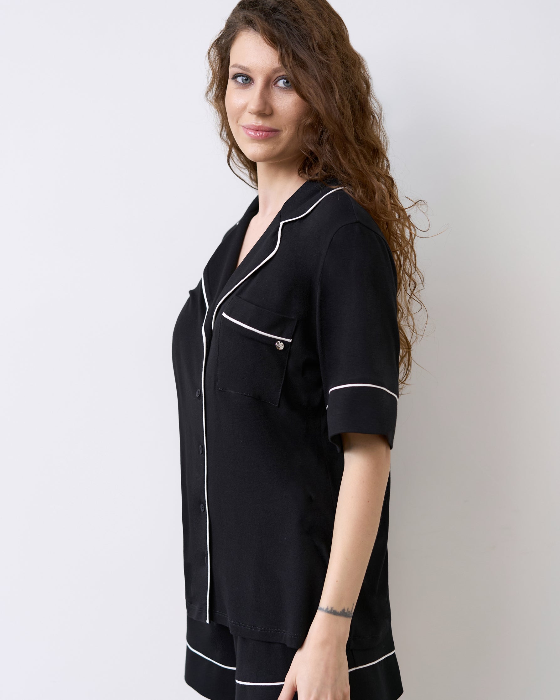 Bamboo button-up short sleeve Pajama set with shorts 02115 black