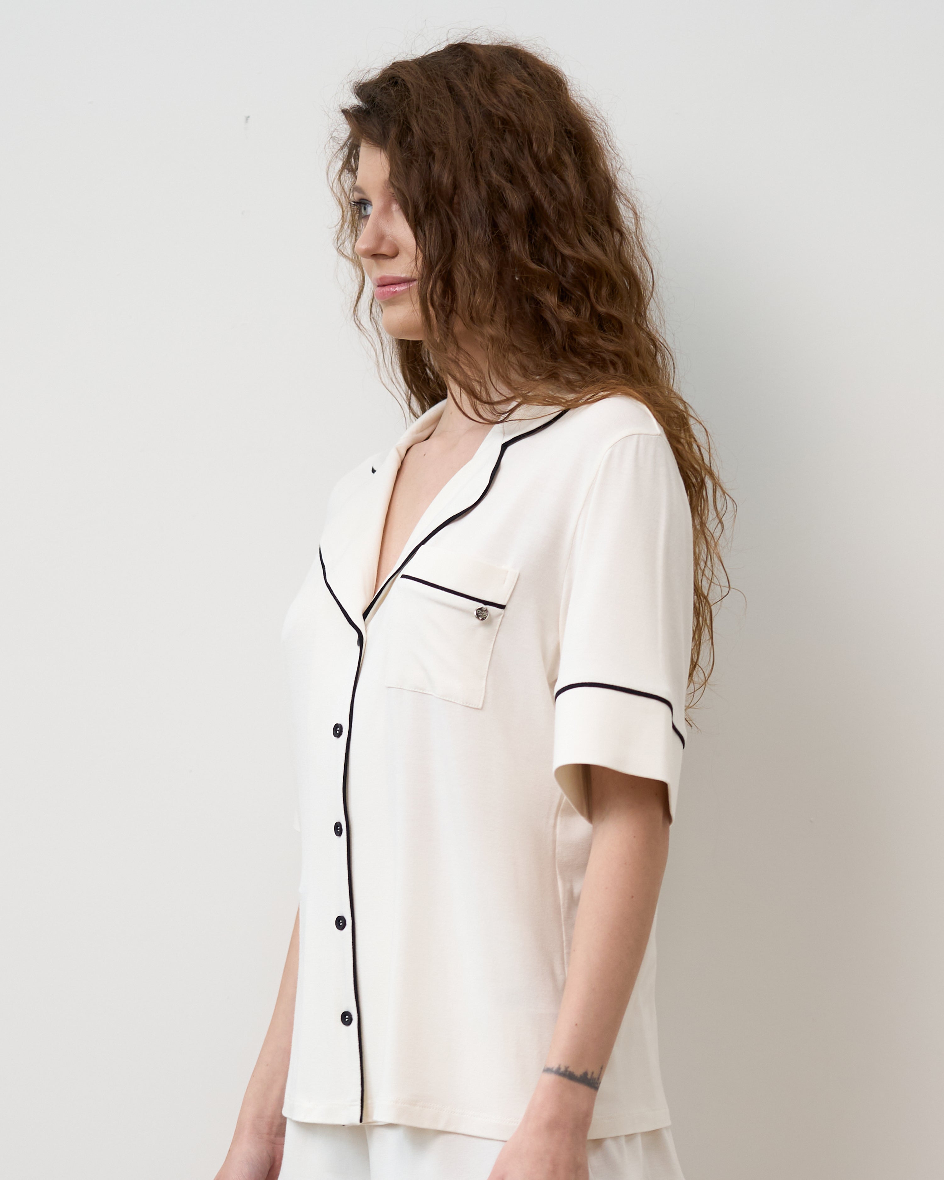 Bamboo button-up short sleeve Shirt 02115/1 ivory