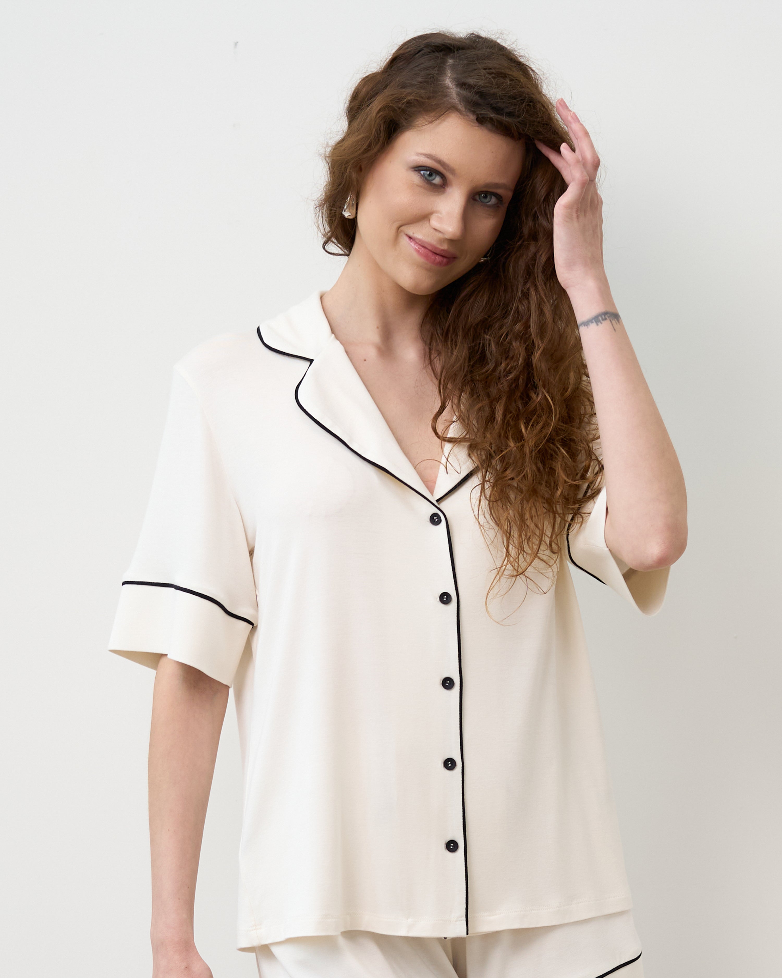 Bamboo button-up short sleeve Shirt 02115/1 ivory