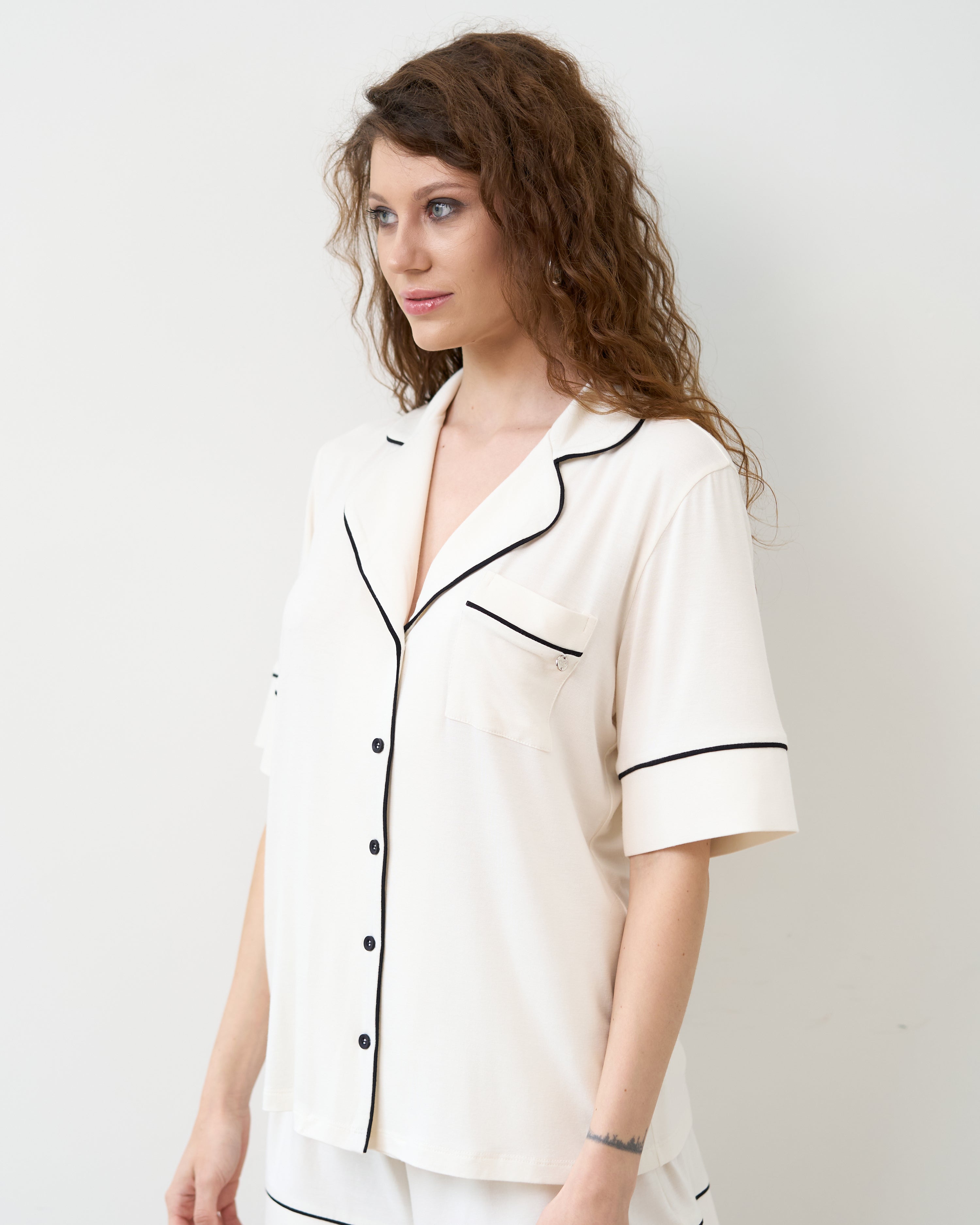 Bamboo button-up short sleeve Shirt 02115/1 ivory
