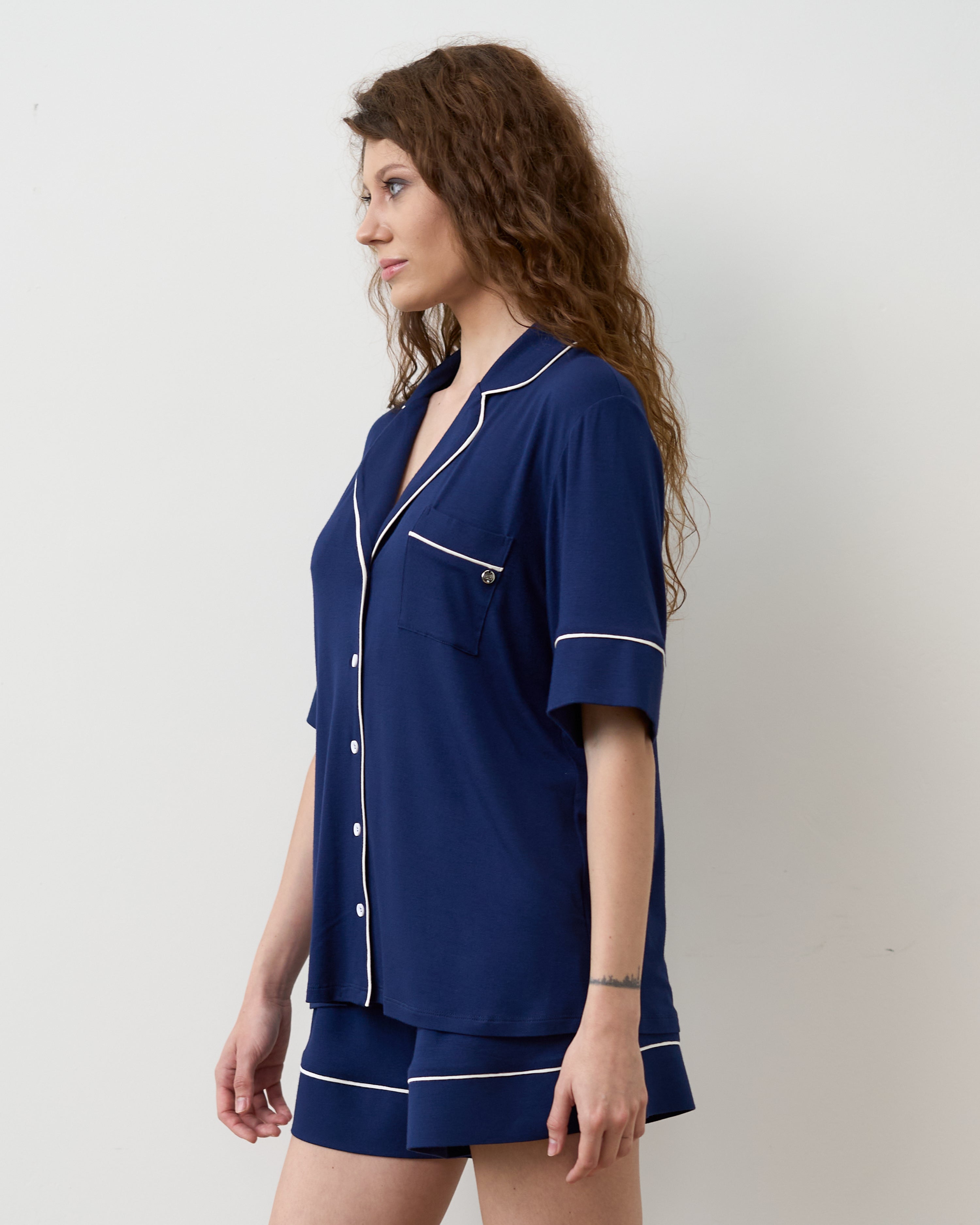 Bamboo button-up short sleeve Pajama set with shorts 02115 navy