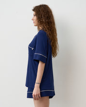 Bamboo button-up short sleeve Pajama set with shorts 02115 navy