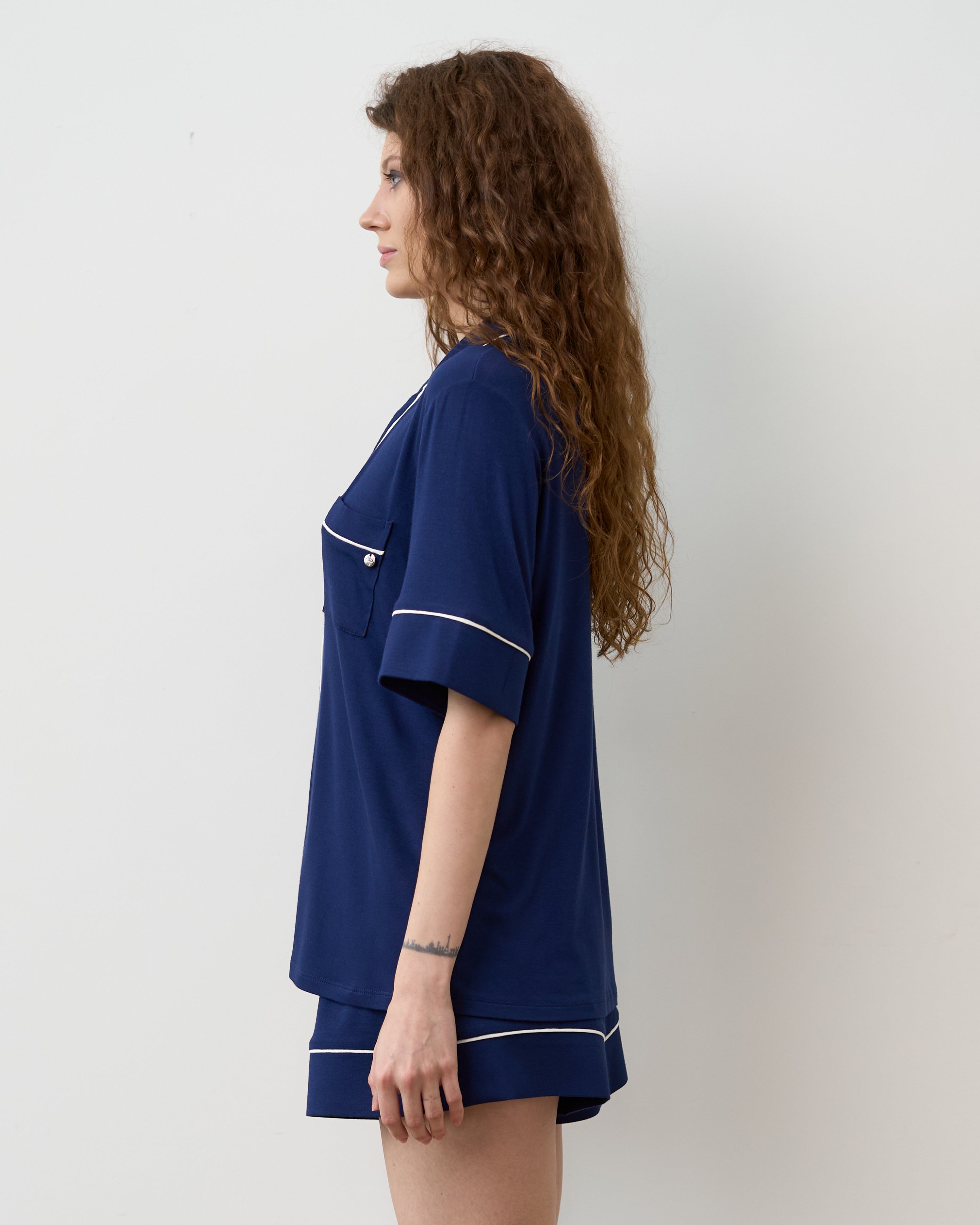 Bamboo button-up short sleeve Pajama set with shorts 02115 navy