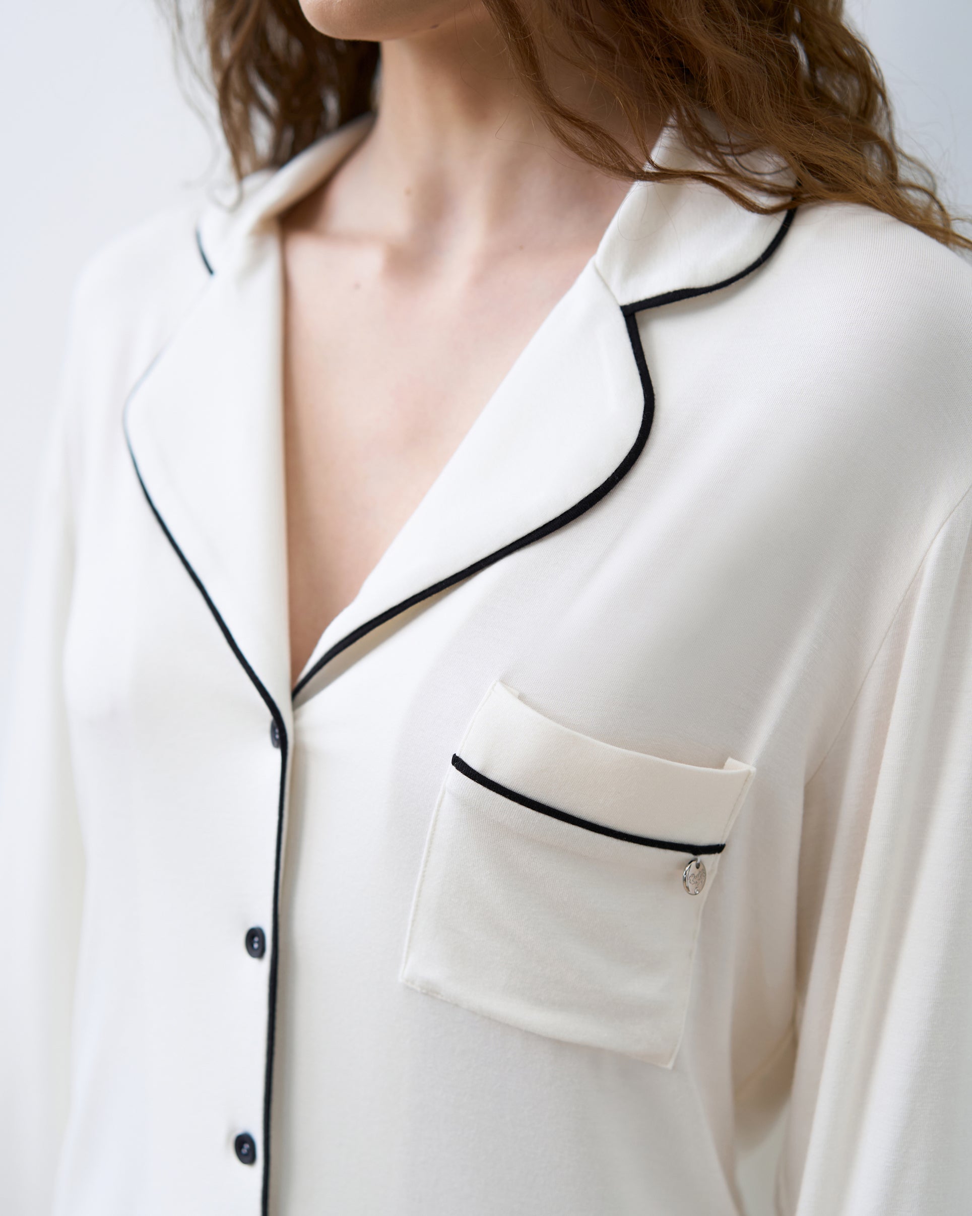 Bamboo button-up long sleeve Pajama set with pants 02116 ivory