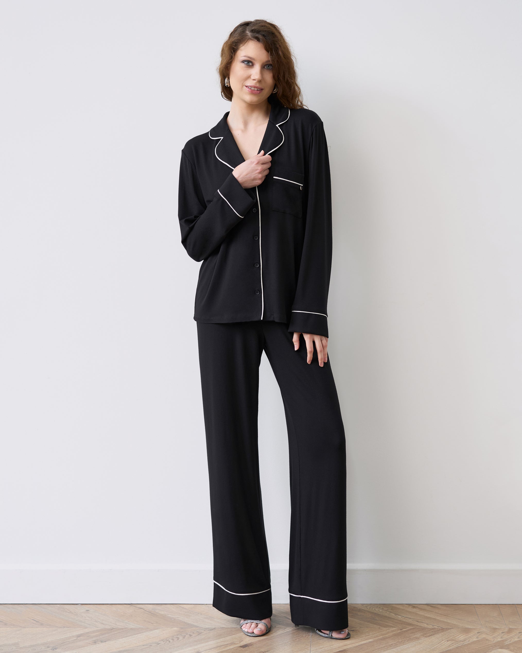 Bamboo button-up long sleeve Pajama set with pants 02116 black