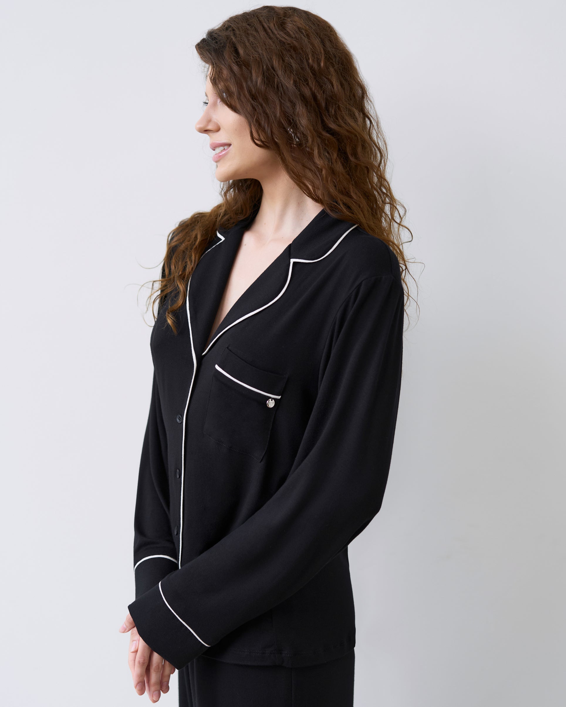 Bamboo button-up long sleeve Pajama set with pants 02116 black