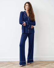 Bamboo button-up long sleeve Pajama set with pants 02116 navy