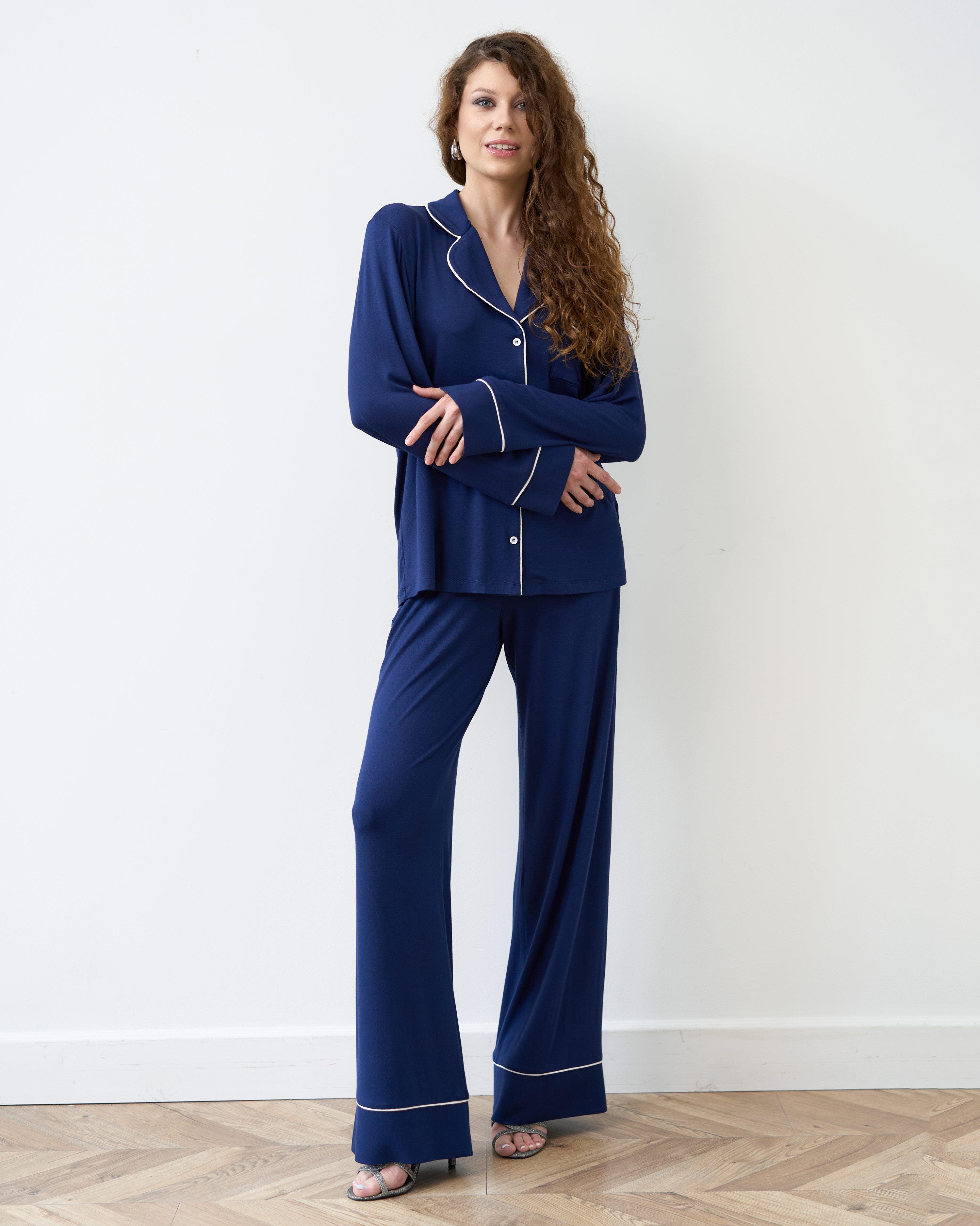 Bamboo button-up long sleeve Pajama set with pants 02116 navy