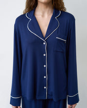 Bamboo button-up long sleeve Pajama set with pants 02116 navy