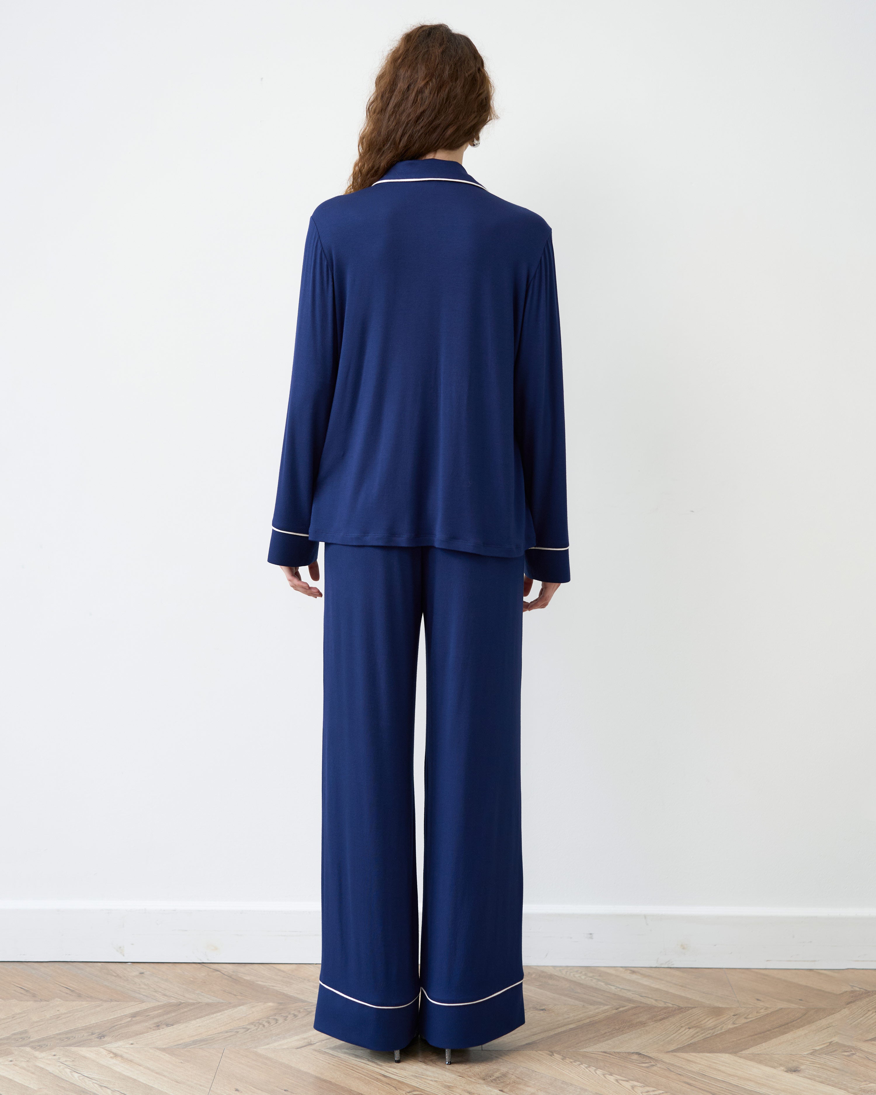 Bamboo button-up long sleeve Pajama set with pants 02116 navy