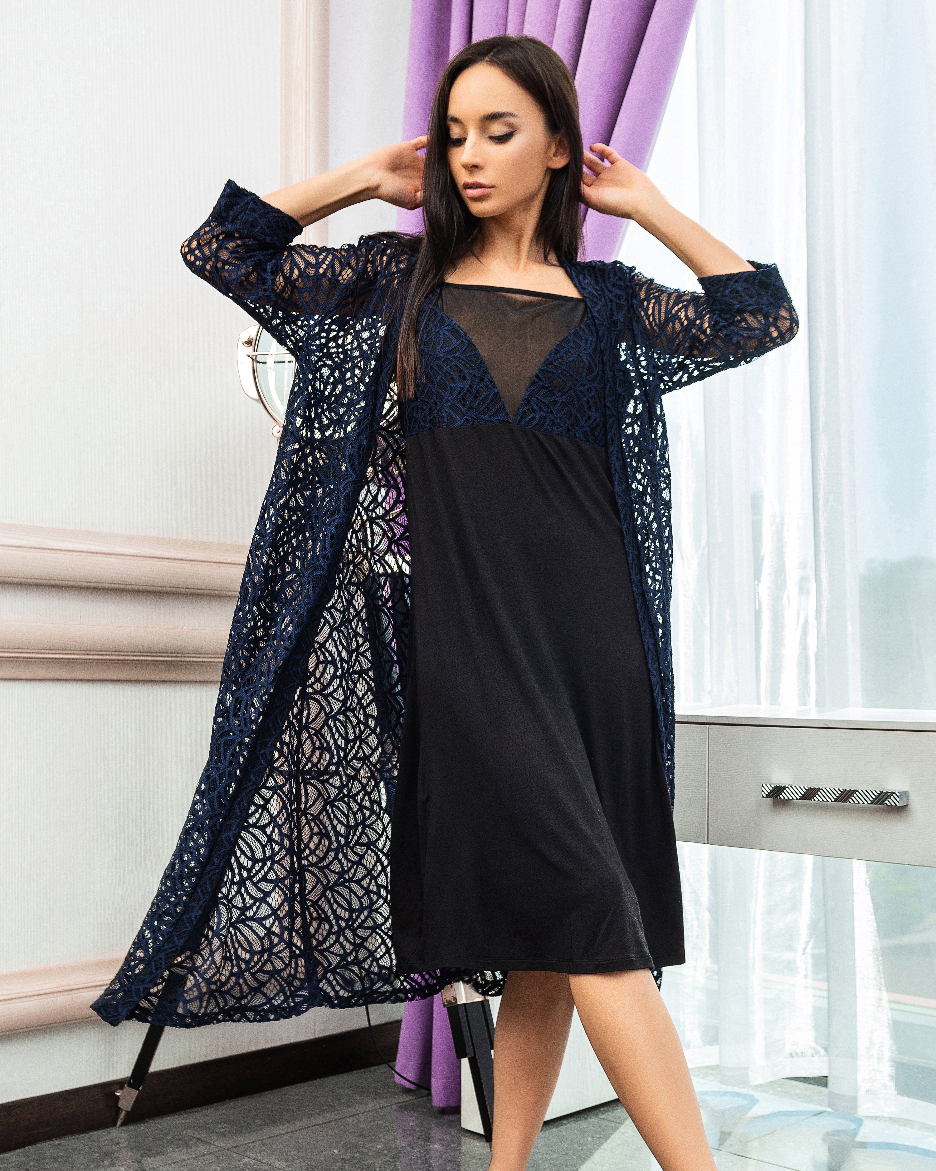 Lace 3/4 sleeve Robe 03140 navy