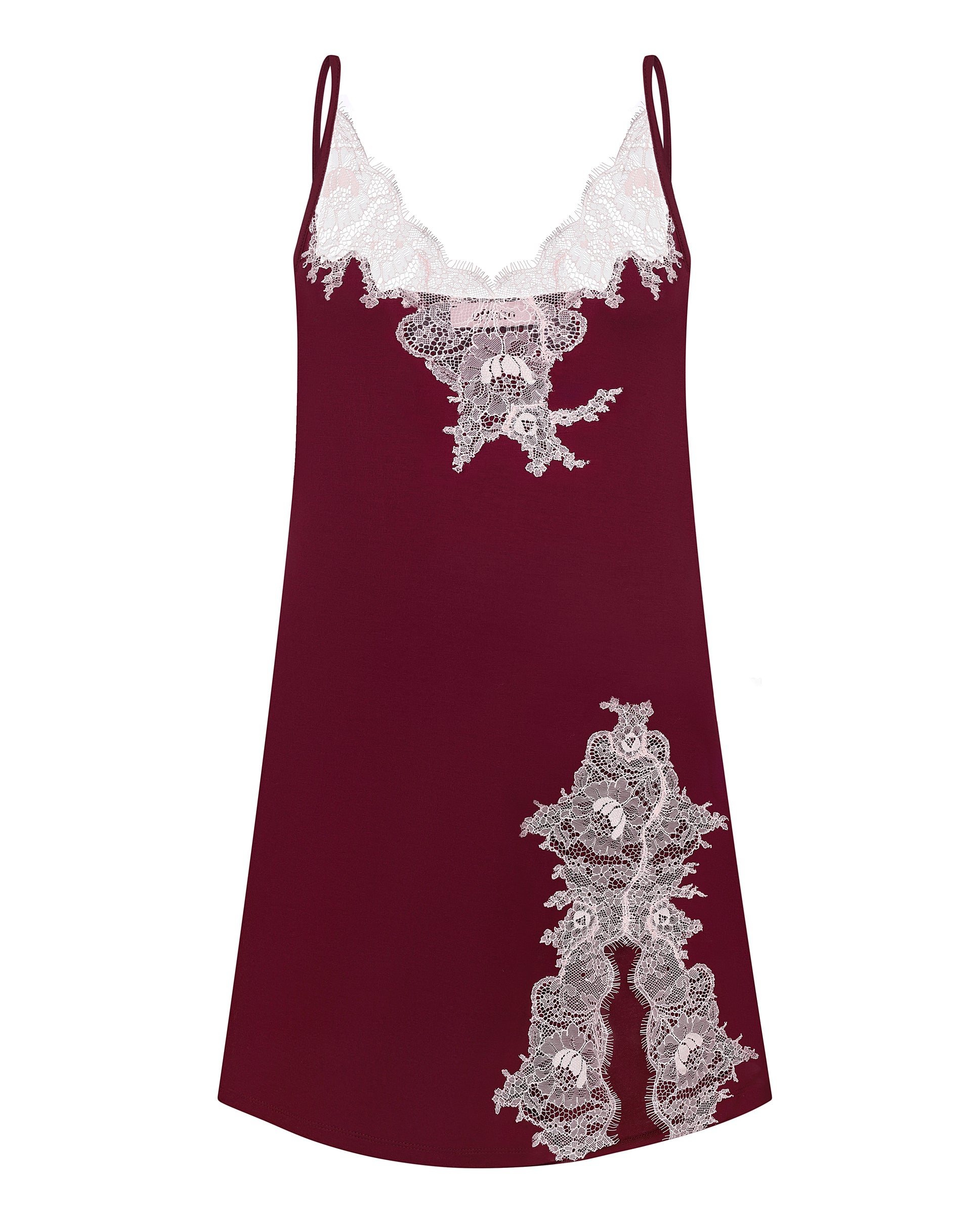 Effetto bamboo chemise spaghetti strap 03162 – women's sleepwear, cherry lacquer
Maroon slip dress with white lace details on a white background
