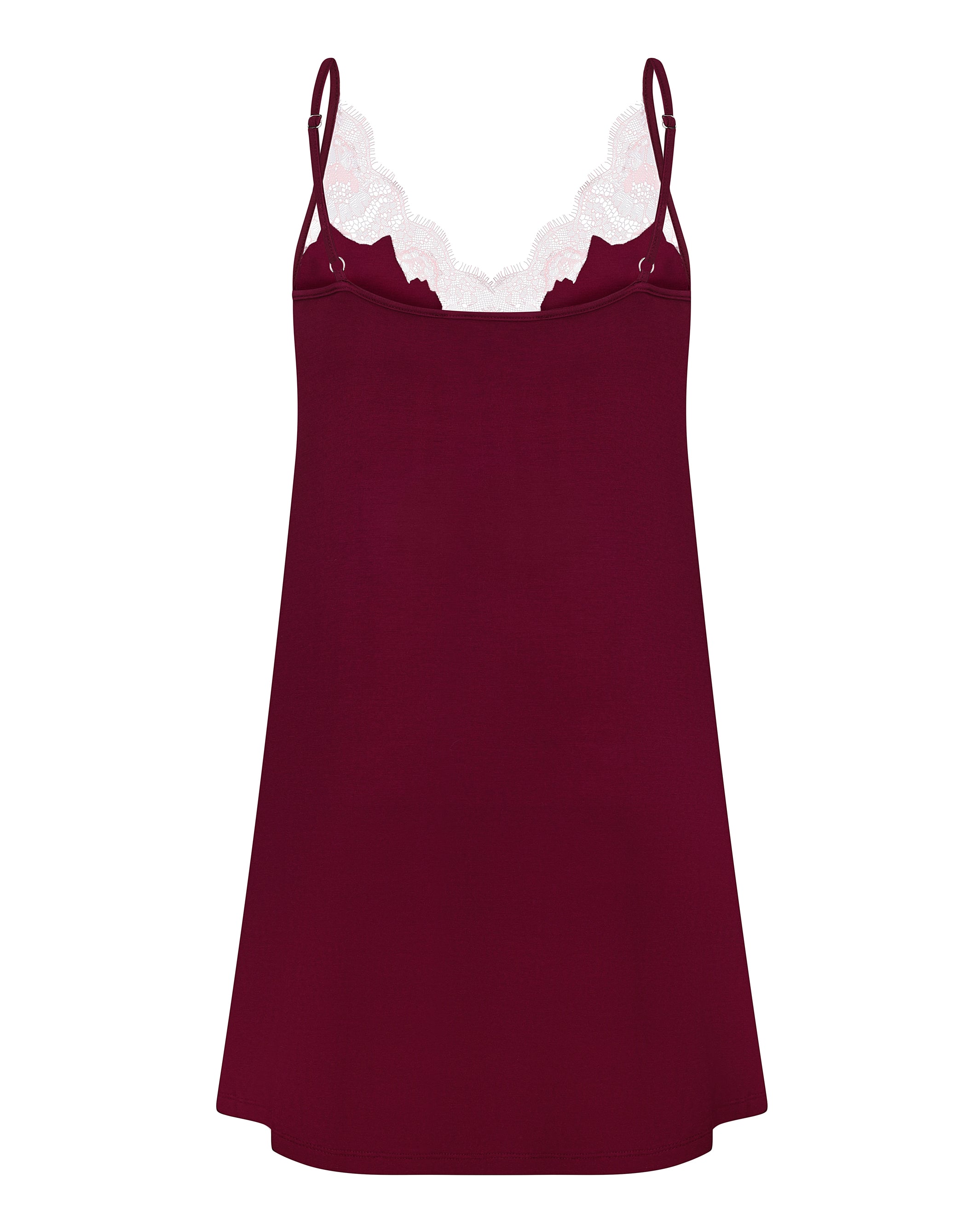 Effetto bamboo chemise spaghetti strap 03162 – women's sleepwear, cherry lacquer
Maroon slip dress with lace trim on a white background