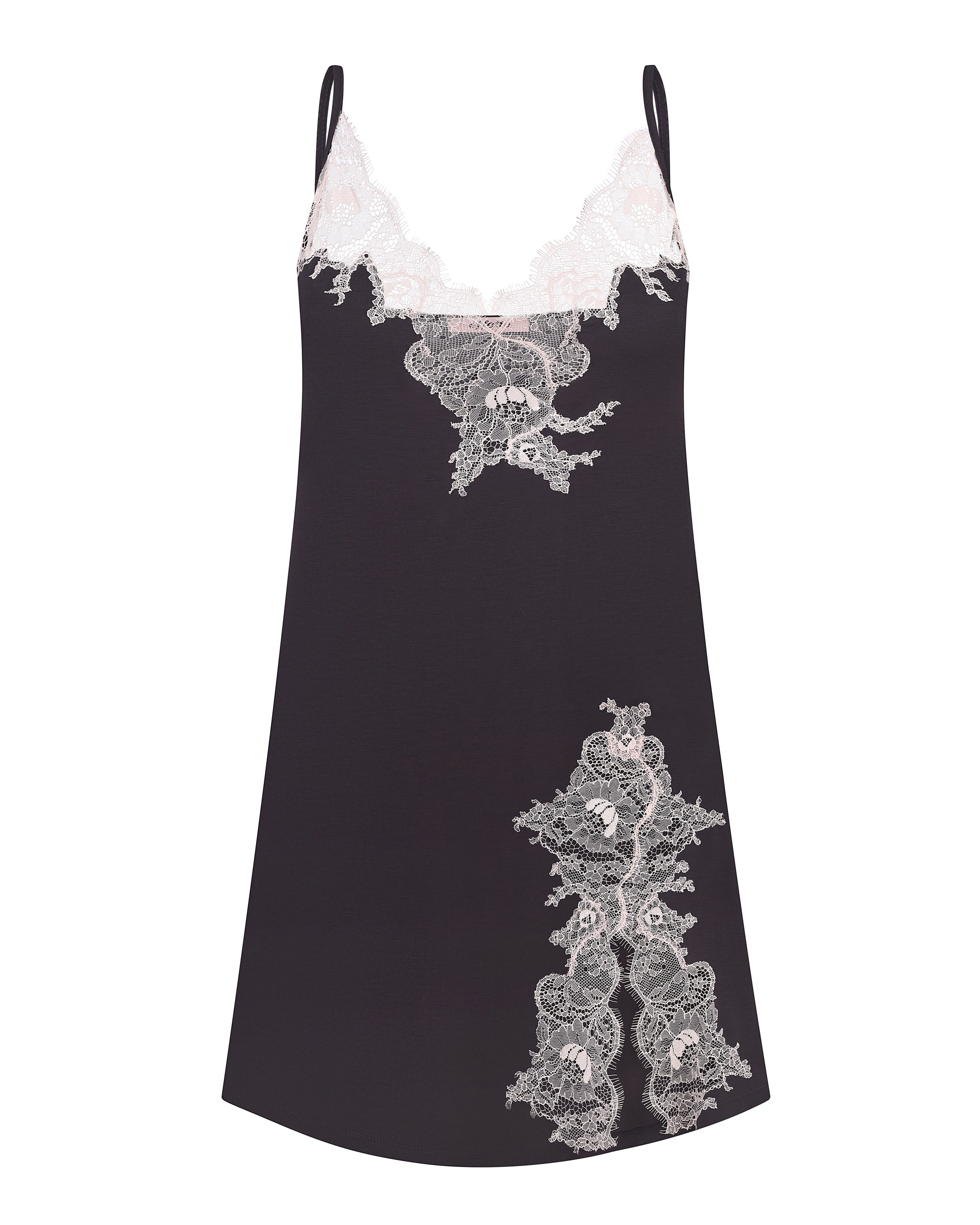 Effetto bamboo chemise spaghetti strap 03162 – women's sleepwear, smoke grey
Black slip dress with white lace details on a white background