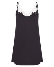Effetto bamboo chemise spaghetti strap 03162 – women's sleepwear, smoke grey
Black slip dress with white lace trim on a white background