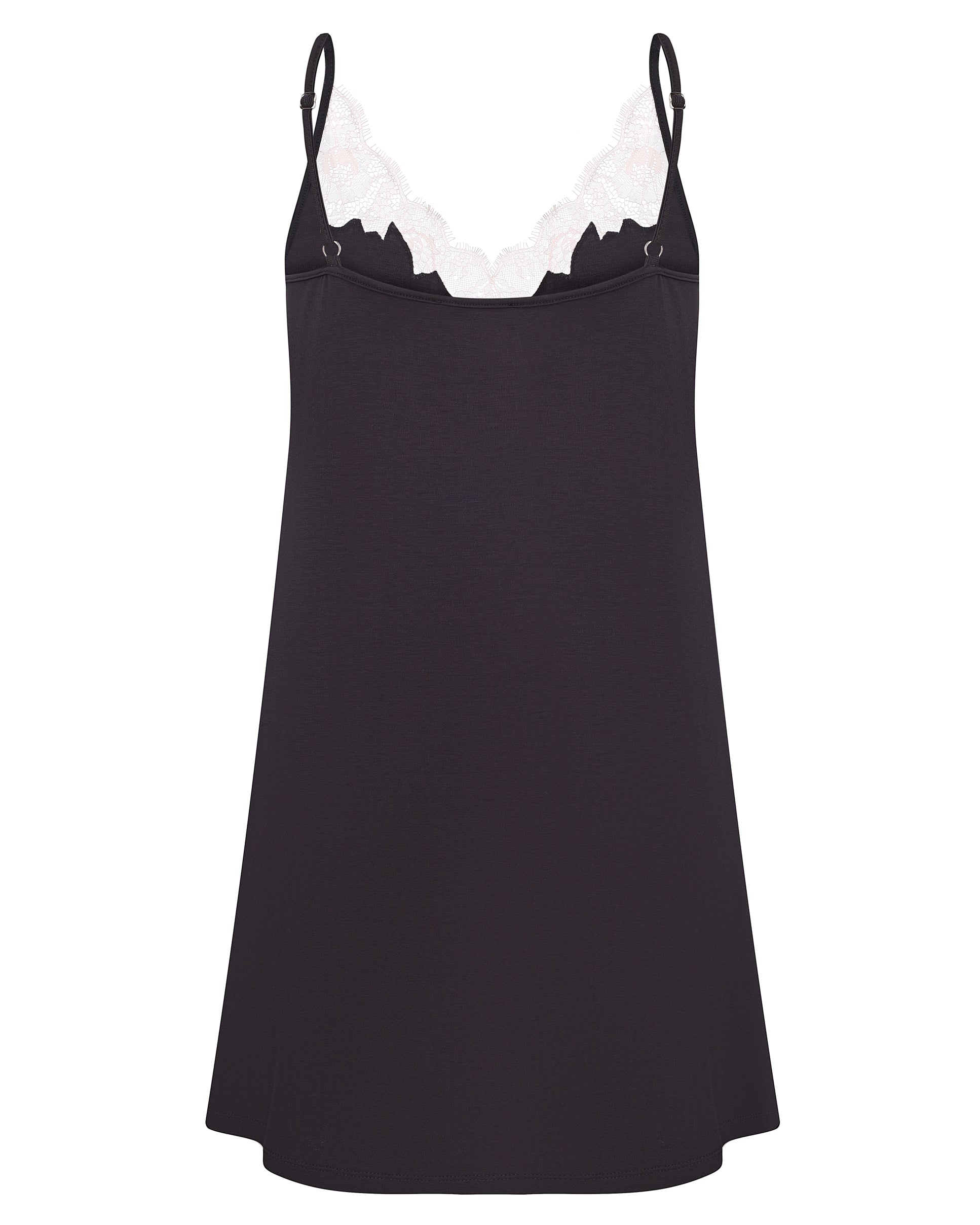 Effetto bamboo chemise spaghetti strap 03162 – women's sleepwear, smoke grey
Black slip dress with white lace trim on a white background