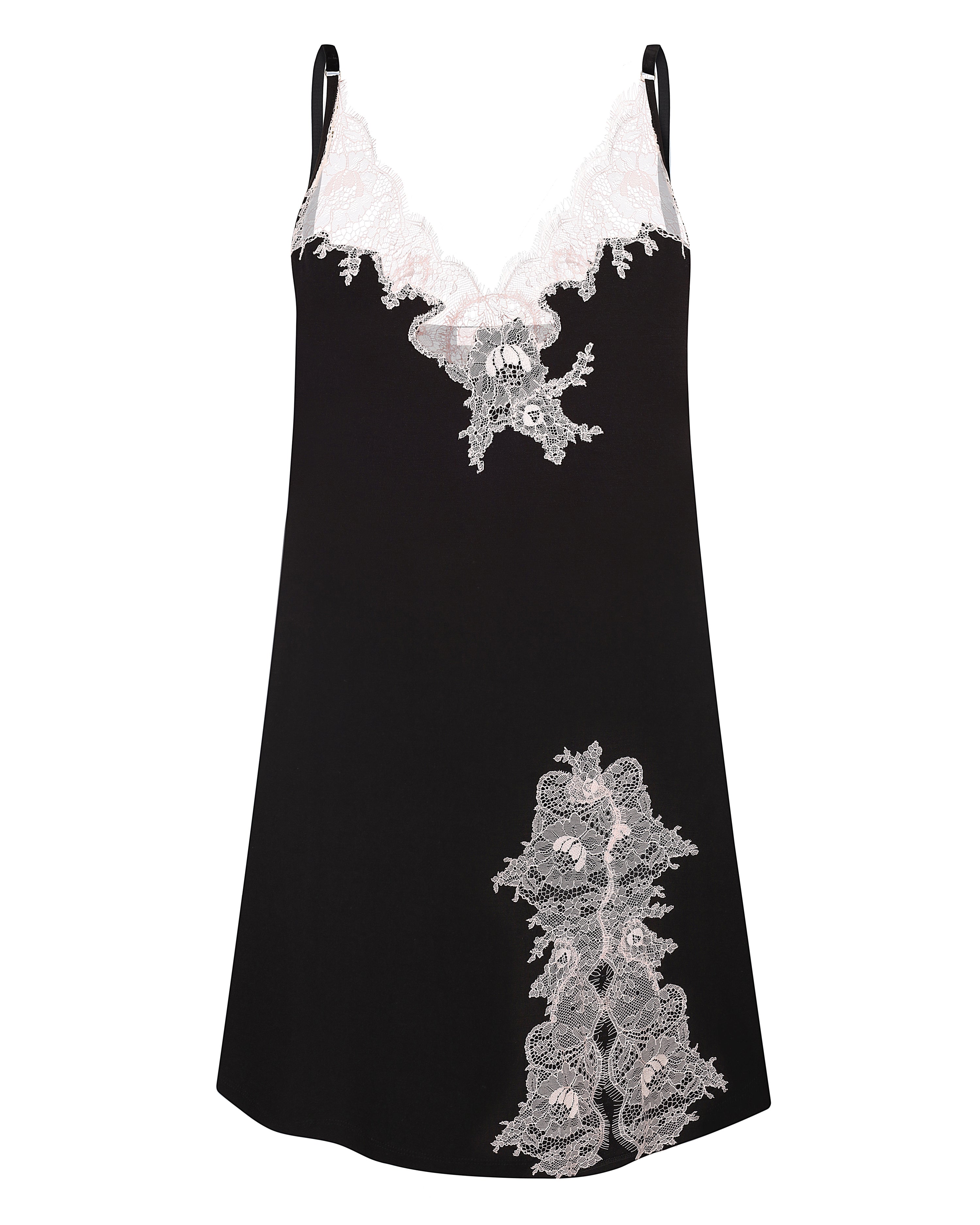 Effetto bamboo chemise spaghetti strap 03162 – women's sleepwear, black
Black slip dress with white lace details on a white background