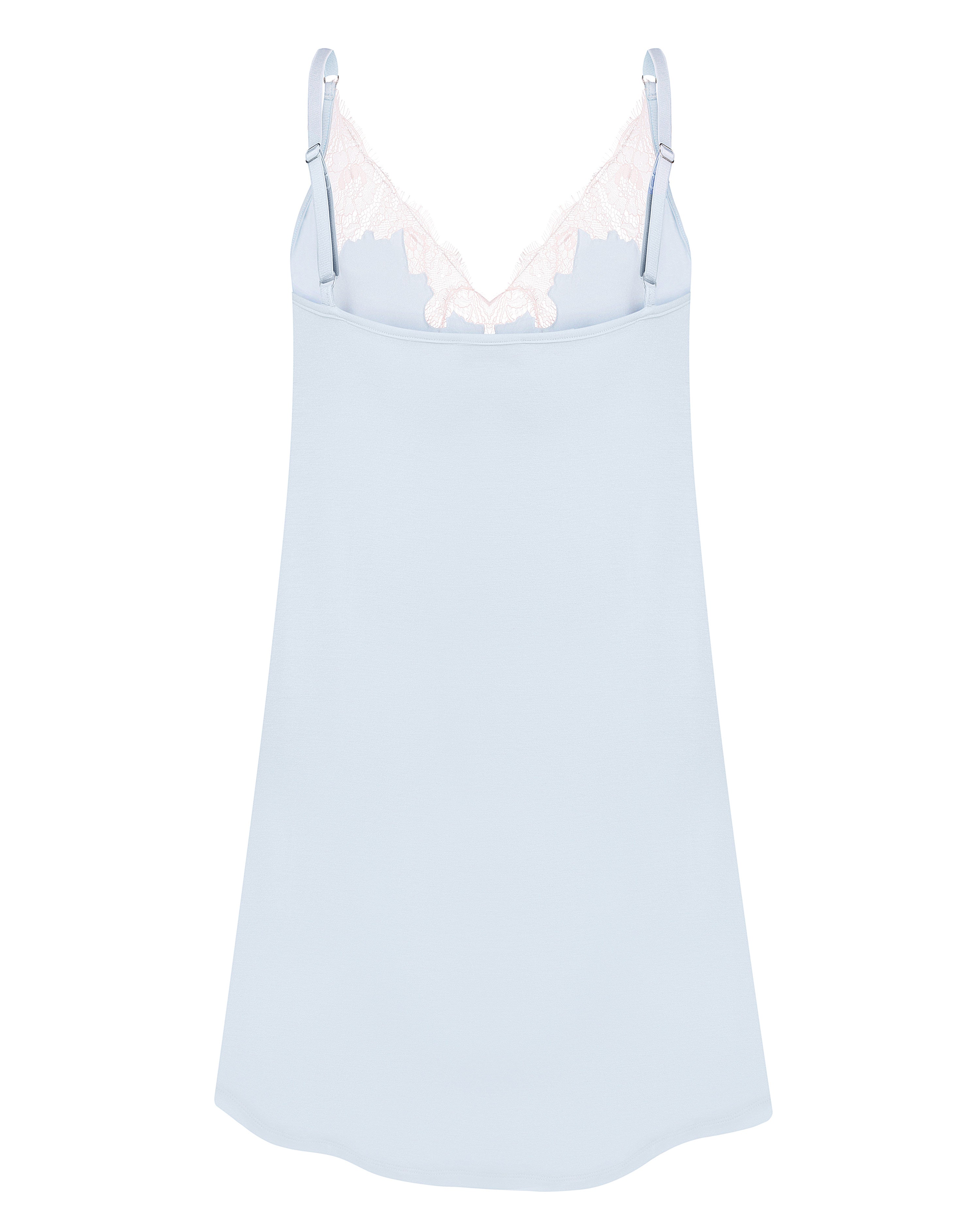 Effetto bamboo chemise spaghetti strap 03162 – women's sleepwear, icy blue
Light blue slip dress with lace trim on a white background