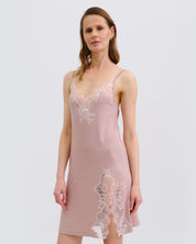Effetto bamboo chemise spaghetti strap 03162 – women's sleepwear, nude rose
Woman wearing a pink lace nightgown against a white background