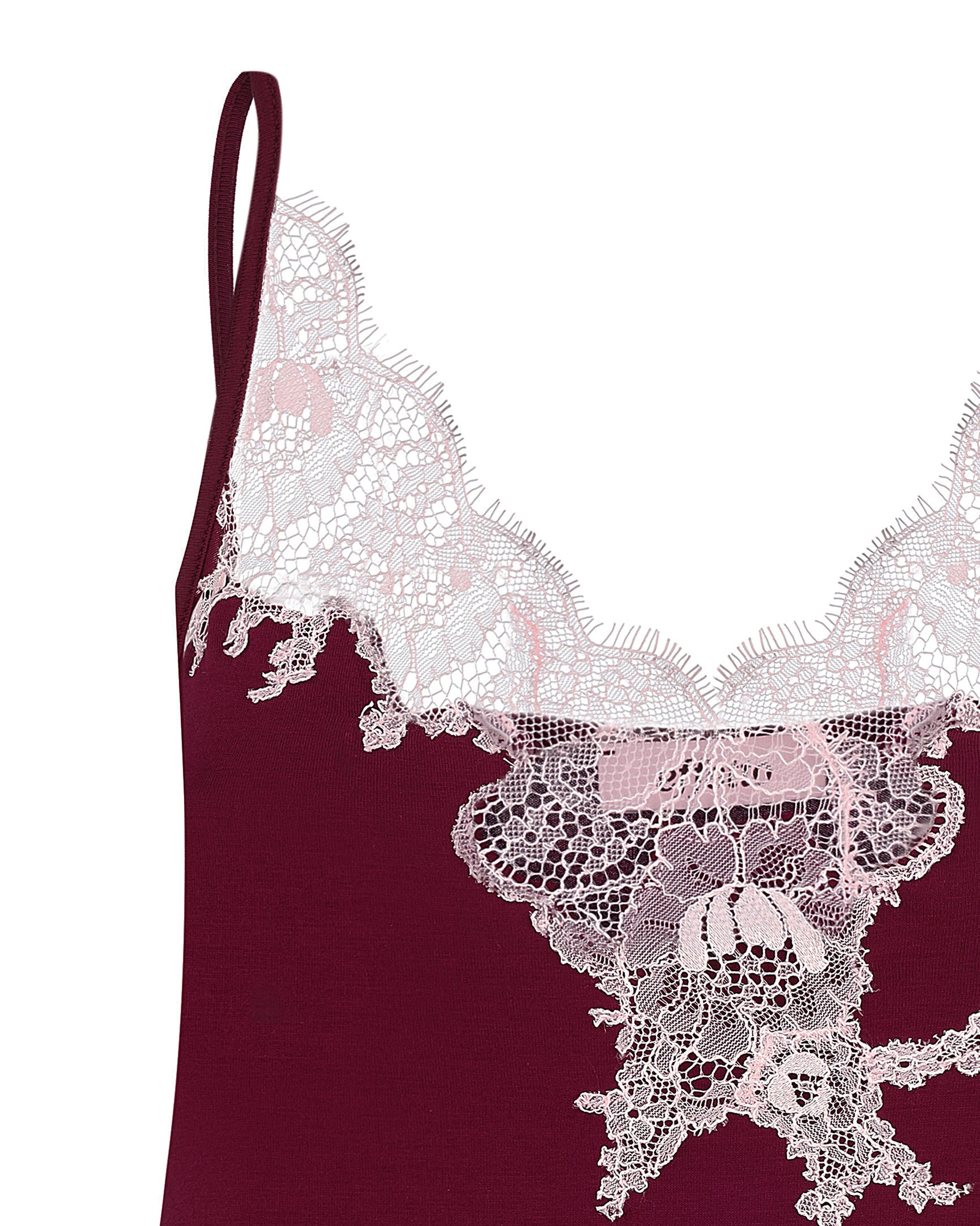 Effetto bamboo camisole pajama set 03163 – women's sleepwear, cherry lacquer

Close-up of a burgundy lace lingerie set with white lace details on a white background.