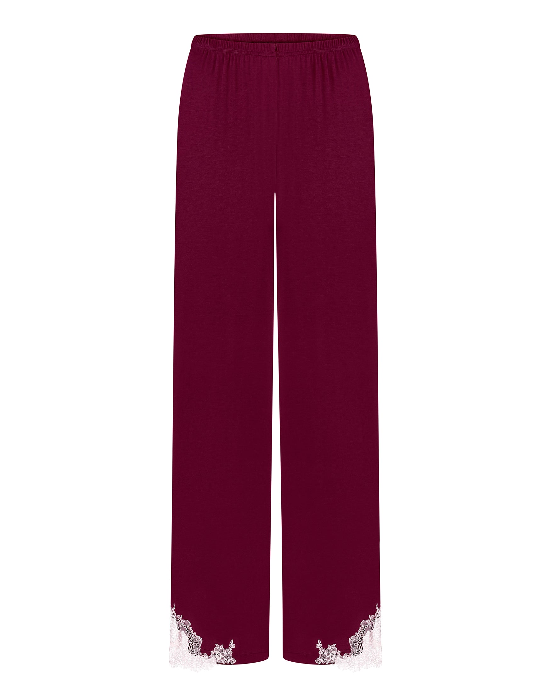 Effetto bamboo camisole pajama set 03163 – women's sleepwear, cherry lacquer
Maroon pants with lace trim on a white background