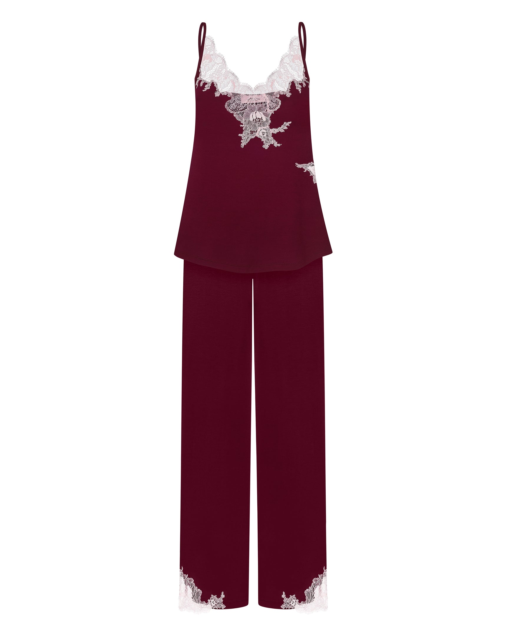 Effetto bamboo camisole pajama set 03163 – women's sleepwear, cherry lacquer

Burgundy pajama set with lace details on a white background