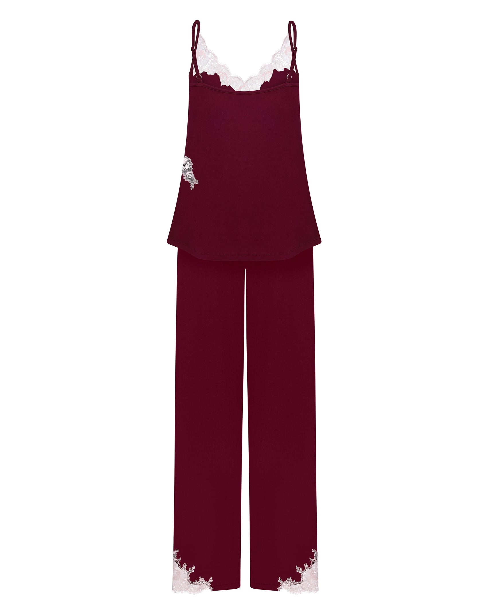 Effetto bamboo camisole pajama set 03163 – women's sleepwear, cherry lacquer

Maroon pajama set with lace details on a white background