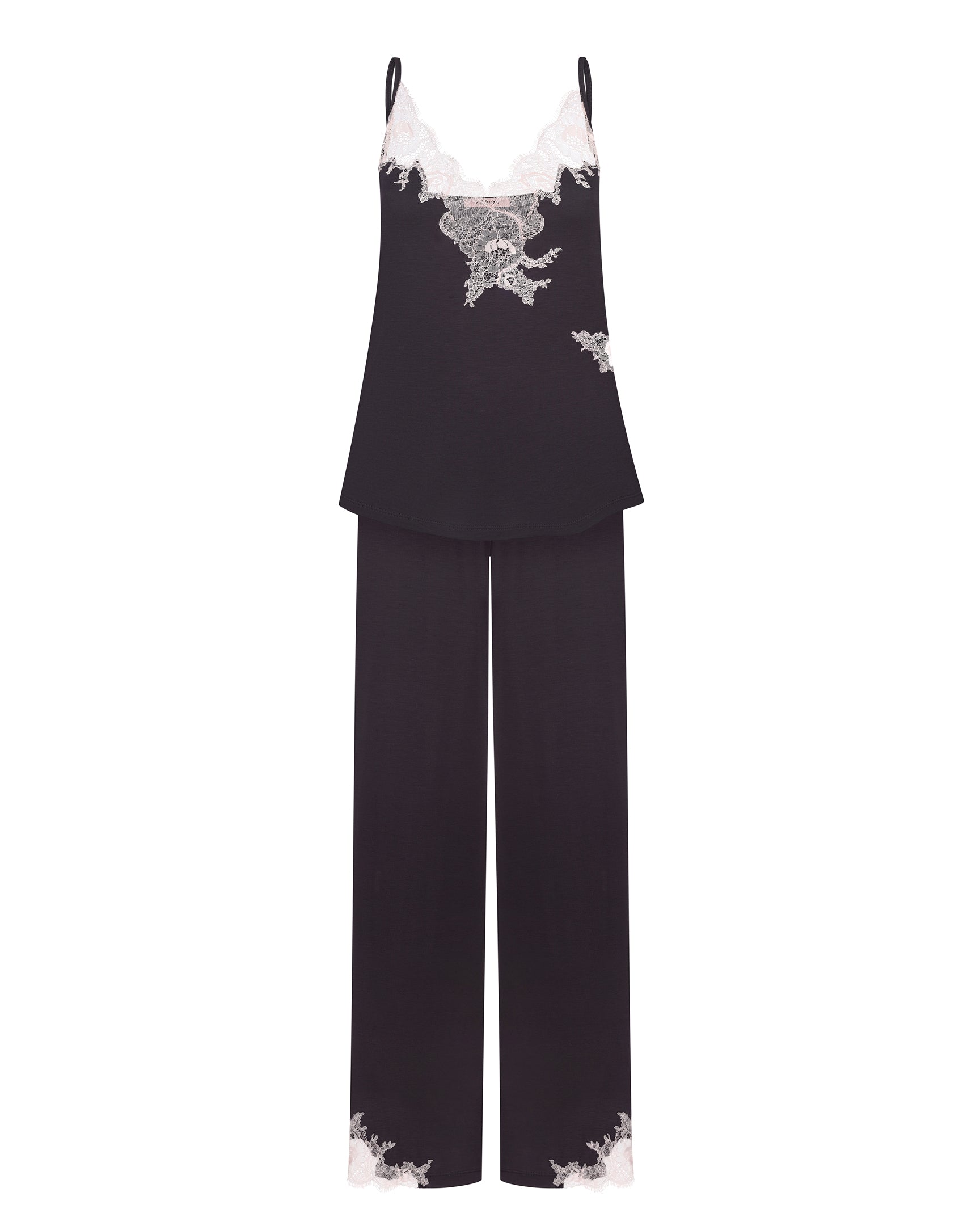 Effetto bamboo camisole pajama set 03163 – women's sleepwear, smoke grey
Black lace top and pants set on a white background