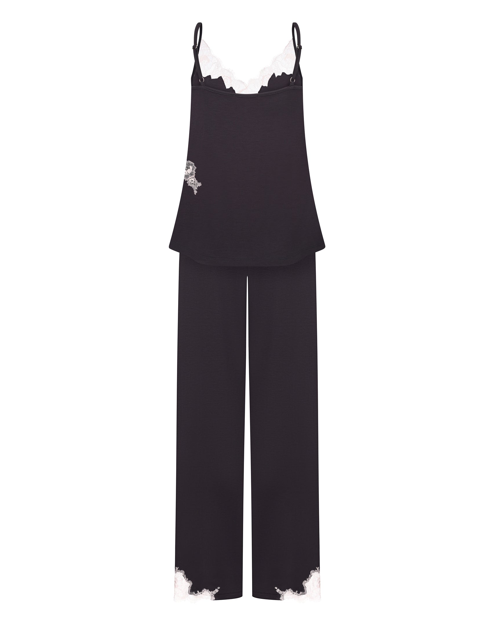 Effetto bamboo camisole pajama set 03163 – women's sleepwear, smoke grey
Black top and pants set with white trim on a white background