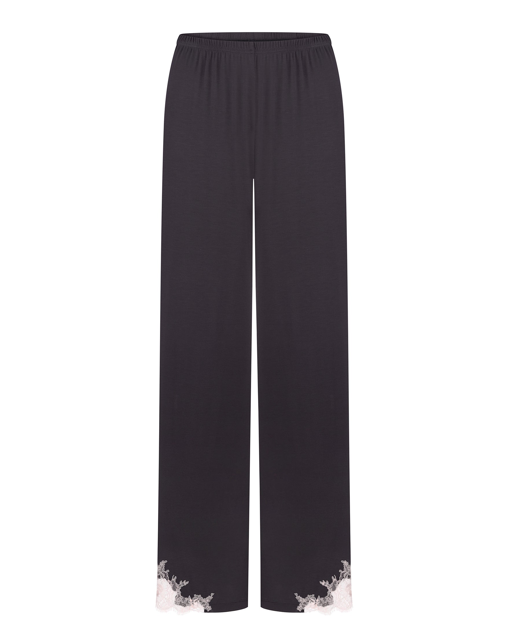 Effetto bamboo camisole pajama set 03163 – women's sleepwear, smoke grey
Black pants with floral hem on a white background