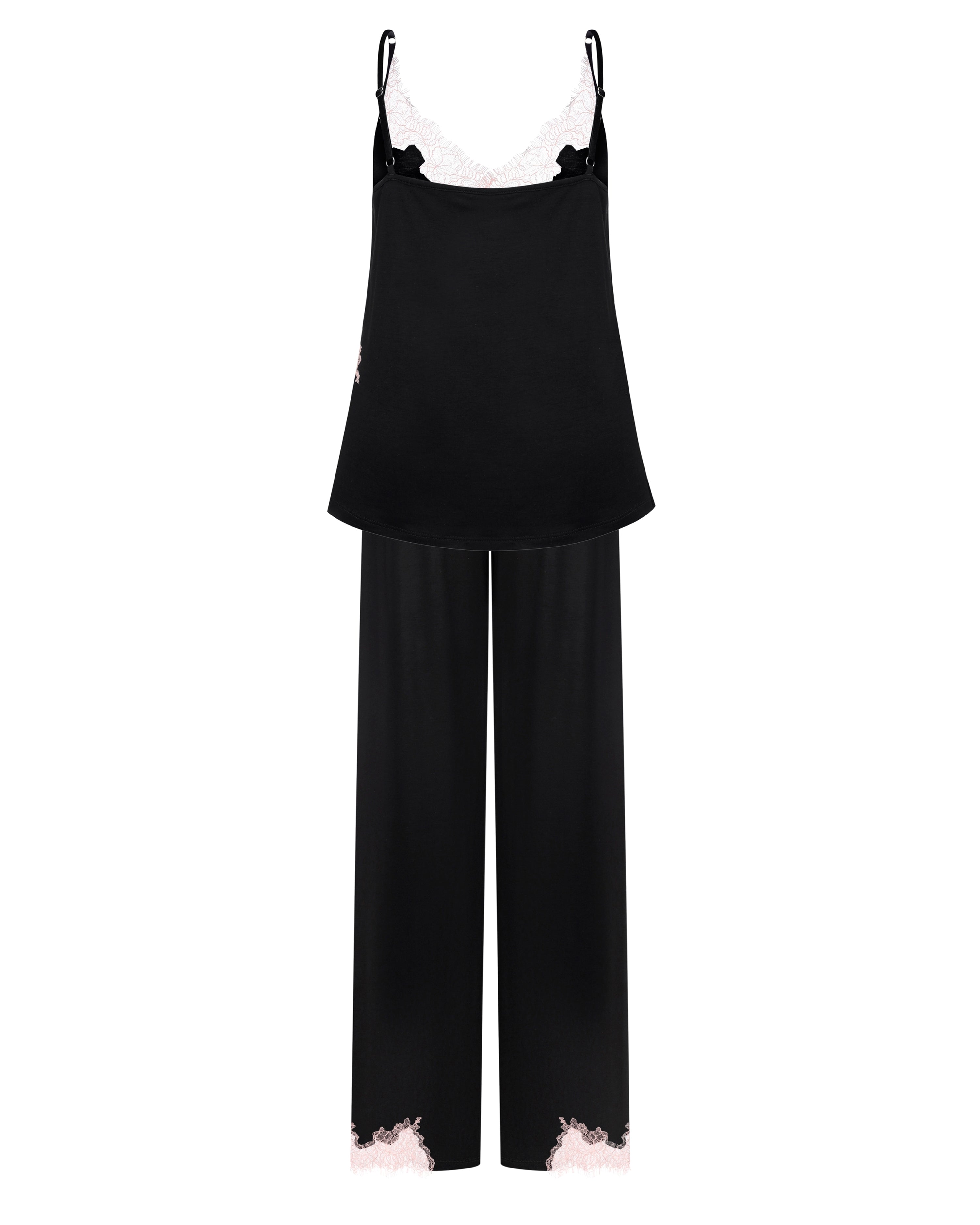 Effetto bamboo camisole pajama set 03163 – women's sleepwear, black
Black sleeveless top and wide-leg pants set on a white background