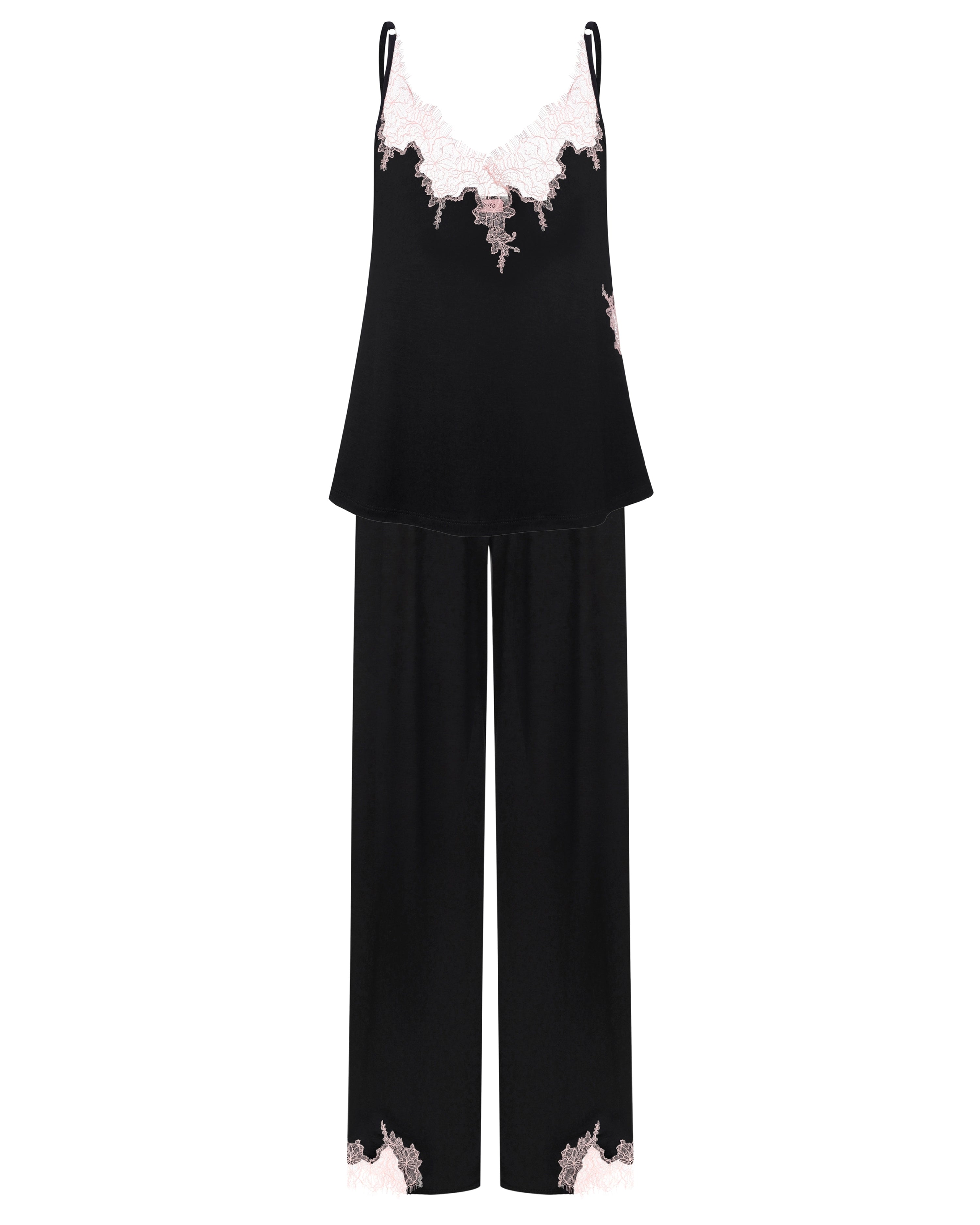 Effetto bamboo camisole pajama set 03163 – women's sleepwear, black
Black slip dress with floral lace details on a white background