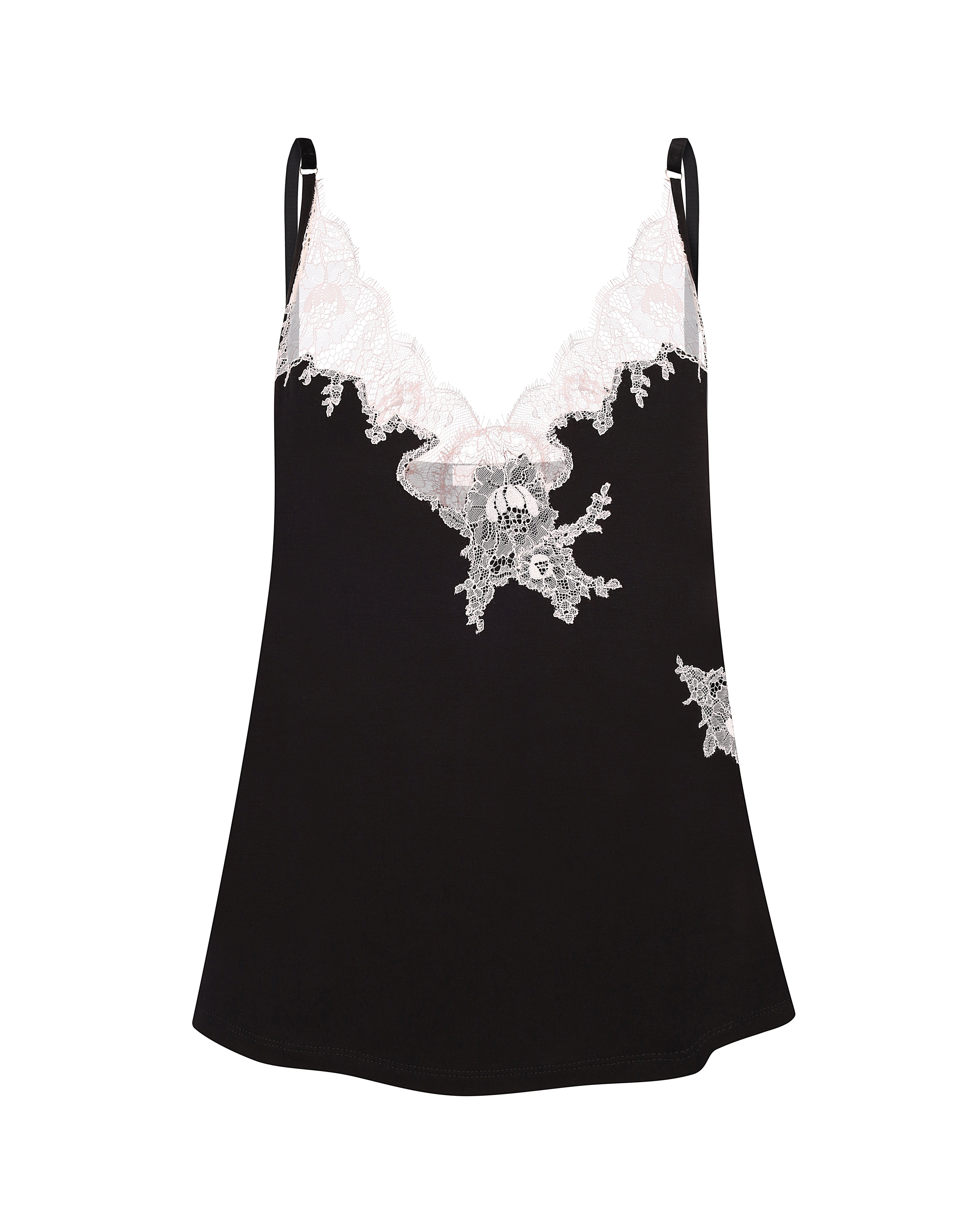 Effetto bamboo camisole pajama set 03163 – women's sleepwear, black
Black slip dress with white lace details on a white background