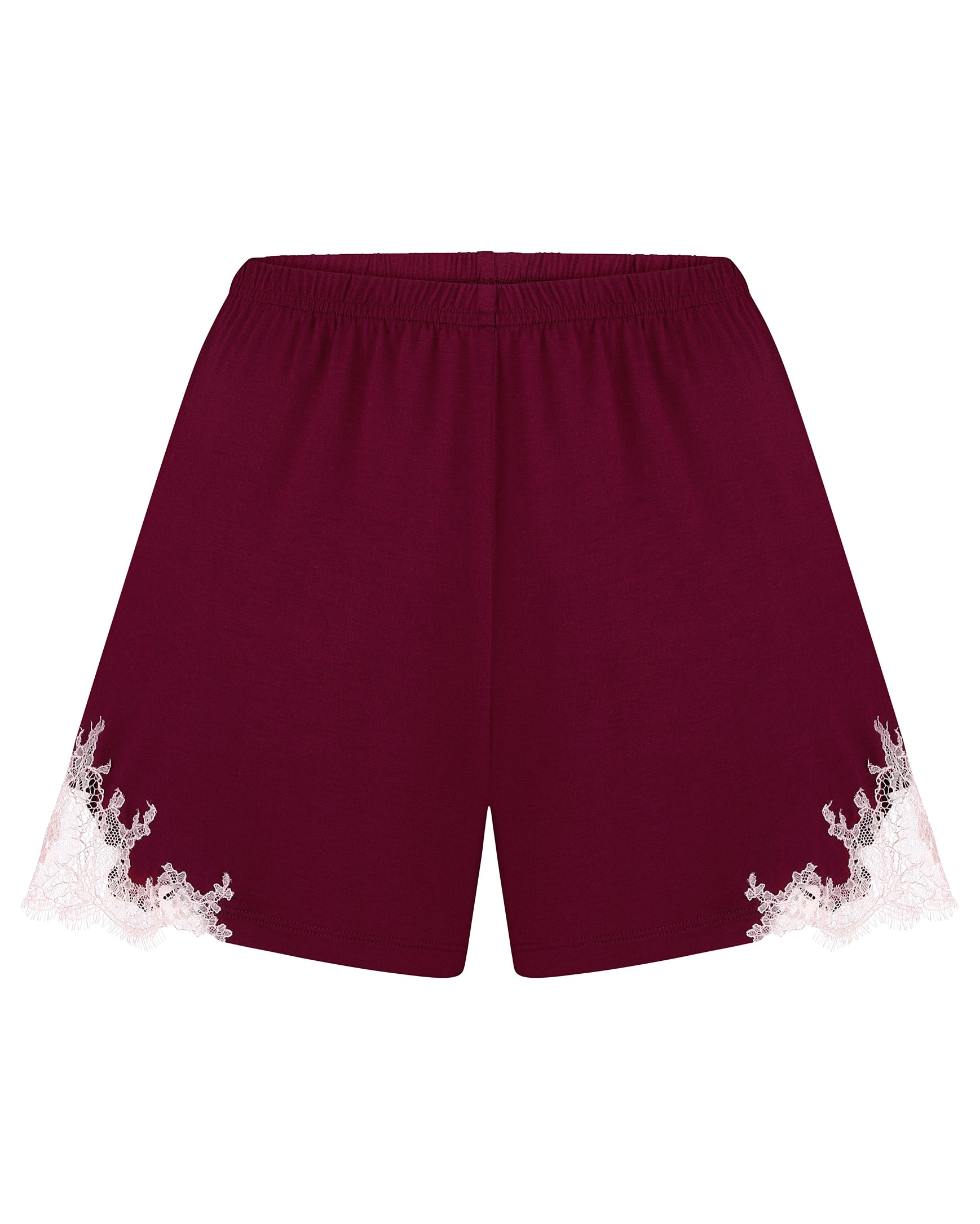 Effetto bamboo cami shorts set 03163 – women's sleepwear, cherry lacquer
Maroon shorts with lace trim on a white background