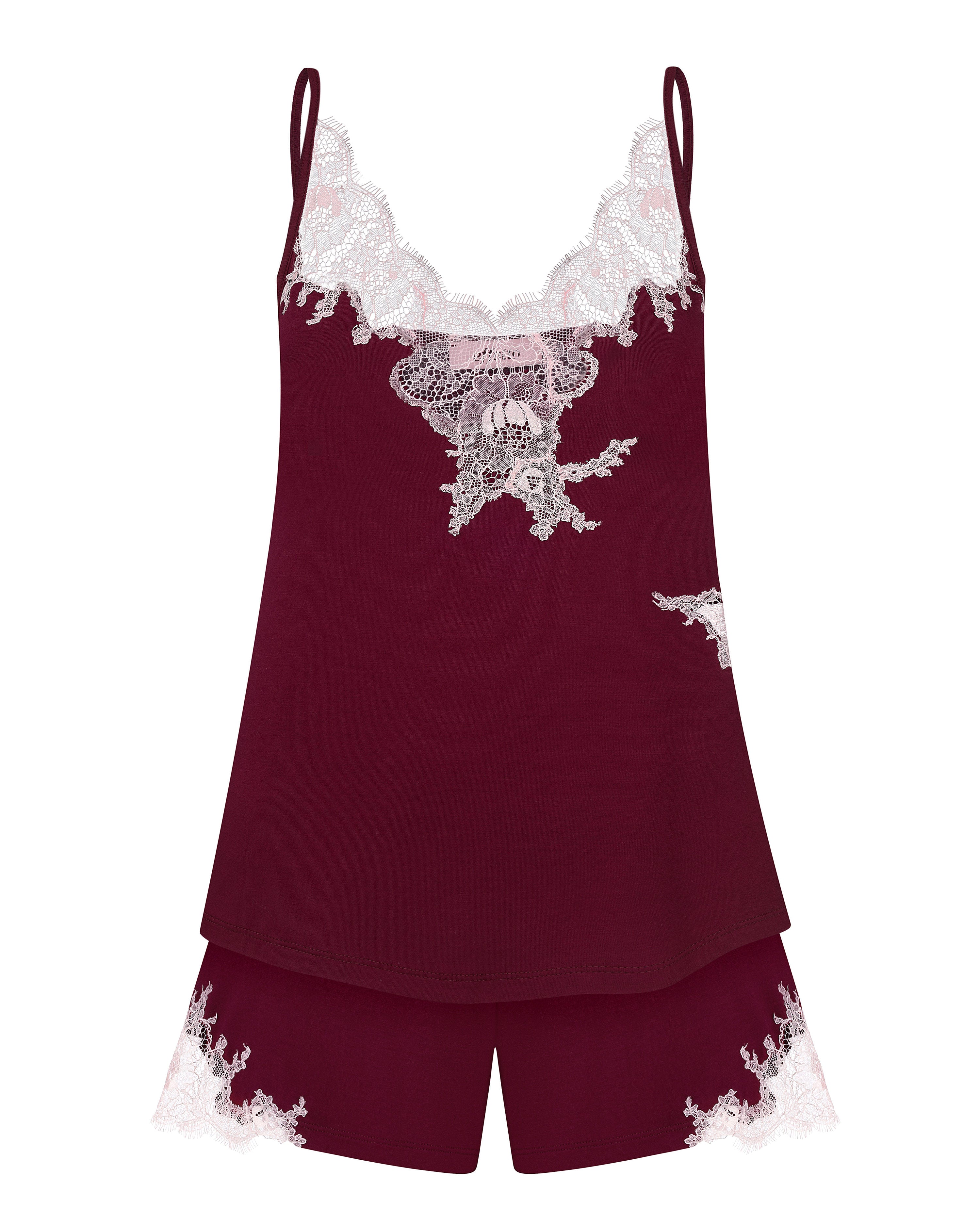 Effetto bamboo cami shorts set 03163 – women's sleepwear, cherry lacquer
Burgundy pajama set with lace details on a white background