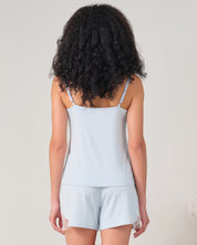 Effetto bamboo cami shorts set 03163 – women's sleepwear, icy blue
Person wearing a light blue romper with thin straps on a plain background