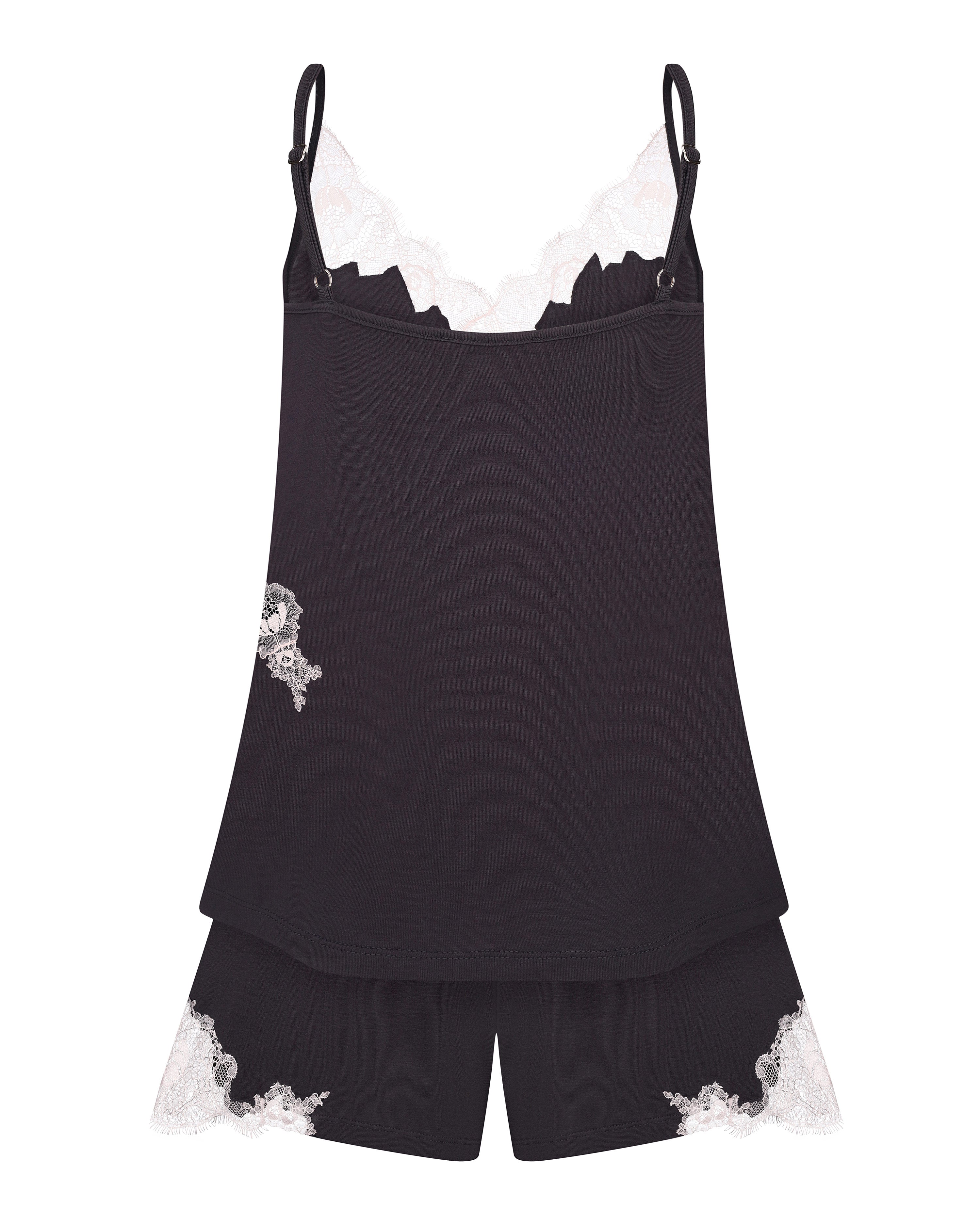 Effetto bamboo cami shorts set 03163 – women's sleepwear, smoke grey
Black lace-trimmed camisole and shorts set on a white background