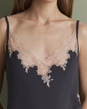 Effetto bamboo cami shorts set 03163 – women's sleepwear, smoke grey
Black sleeveless top with lace detailing on a plain background