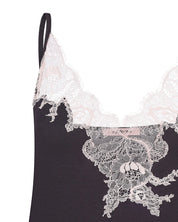 Effetto bamboo cami shorts set 03163 – women's sleepwear, smoke grey
Black lace lingerie set with white lace details on a white background