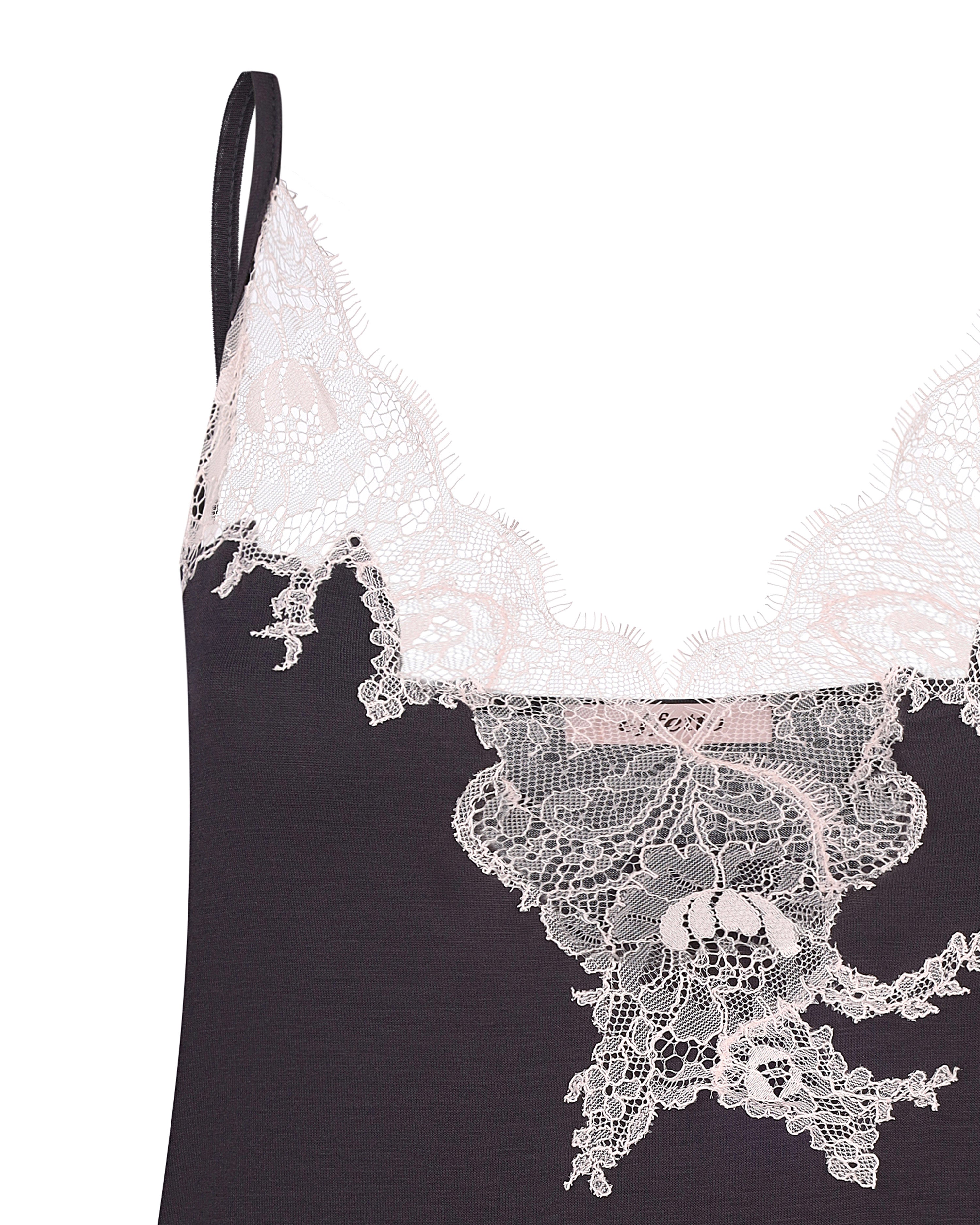 Effetto bamboo cami shorts set 03163 – women's sleepwear, smoke grey
Black lace lingerie set with white lace details on a white background