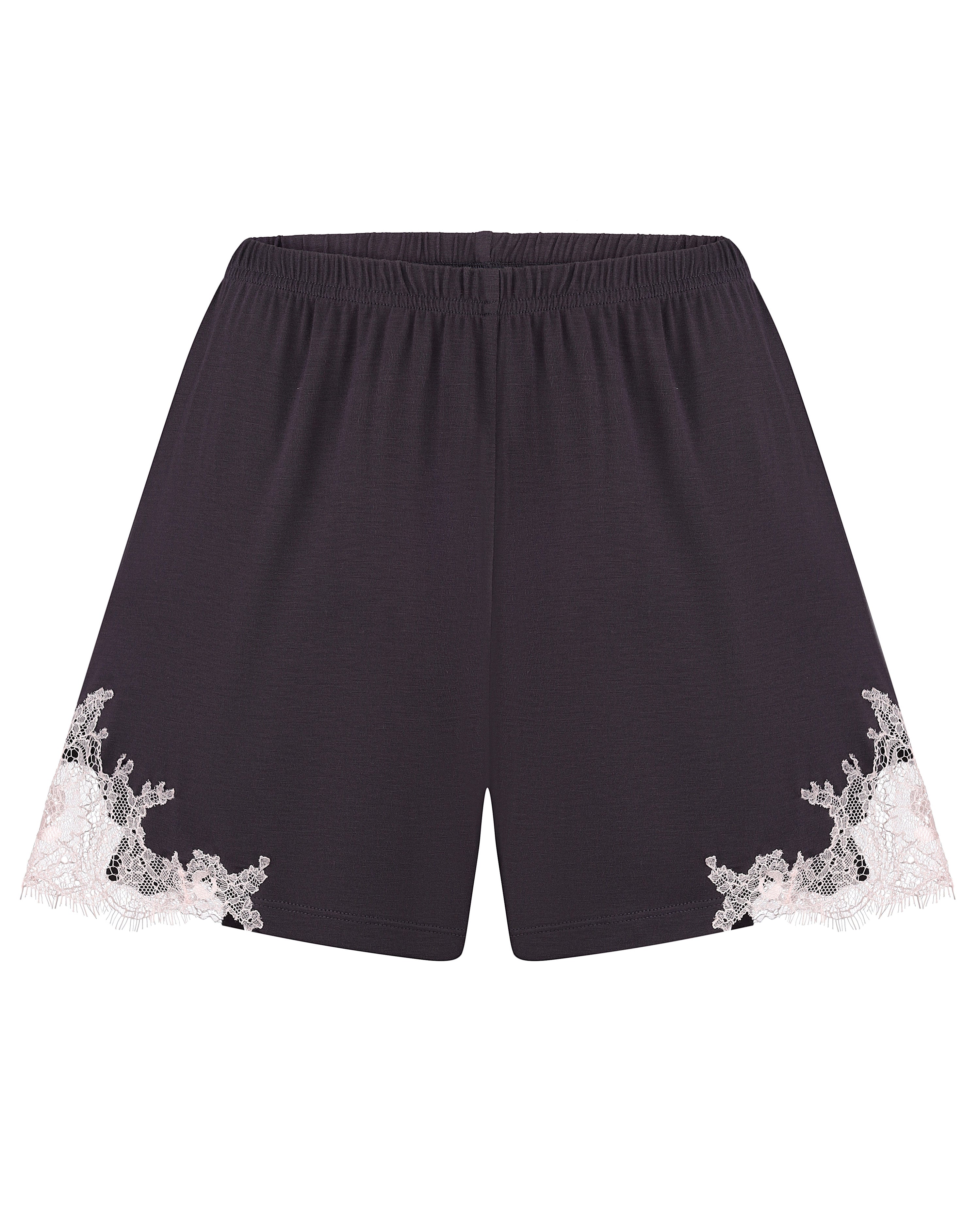 Effetto bamboo cami shorts set 03163 – women's sleepwear, smoke grey
Black shorts with white lace trim on a white background