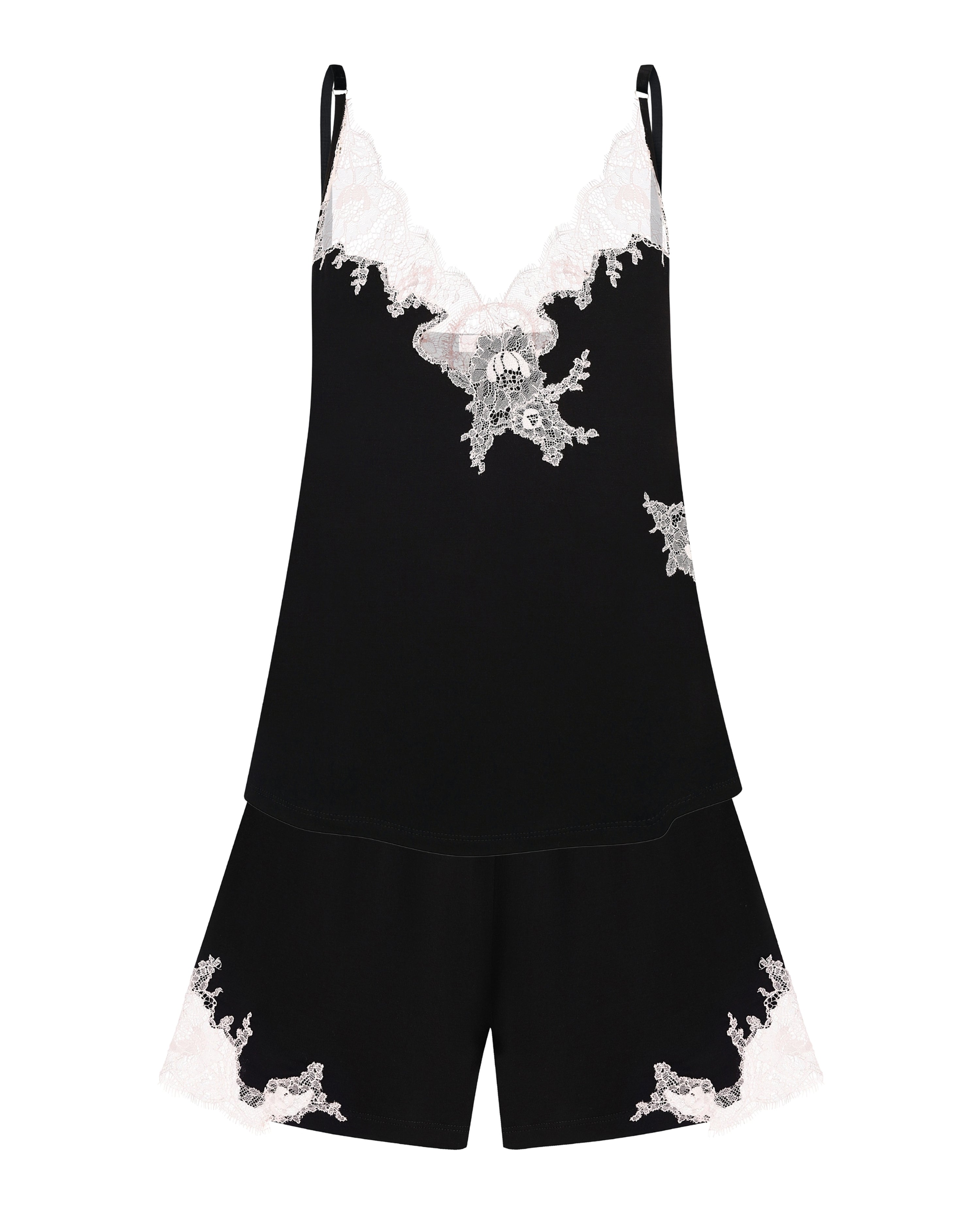 Effetto bamboo cami shorts set 03163 – women's sleepwear, black
Black slip dress with white floral embroidery on a white background