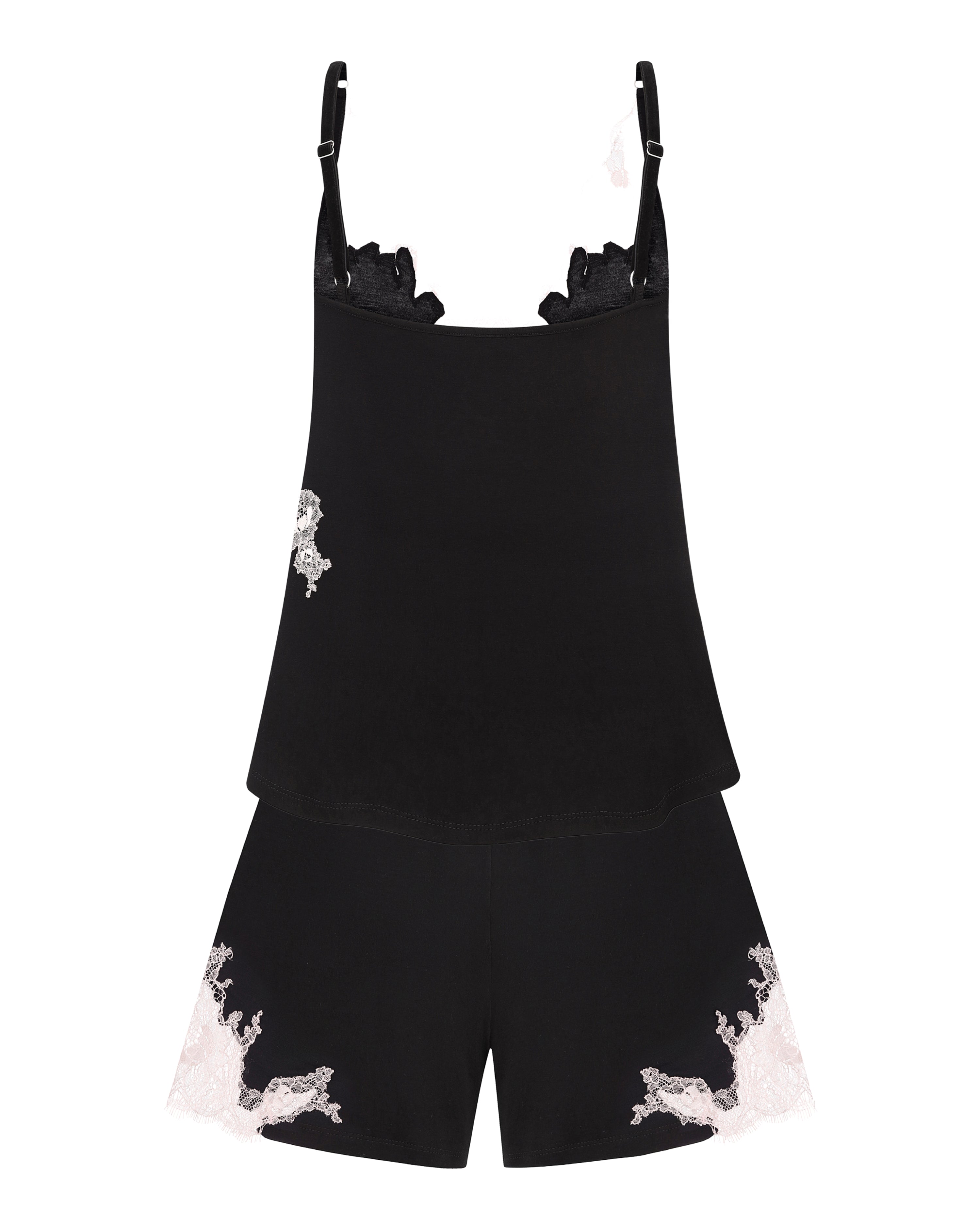 Effetto bamboo cami shorts set 03163 – women's sleepwear, black
Black romper with white floral patterns on a white background