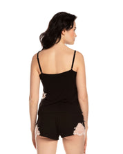 Effetto bamboo cami shorts set 03163 – women's sleepwear, black
Woman wearing a black outfit with floral details on a white background