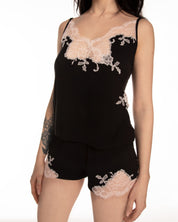 Effetto bamboo cami shorts set 03163 – women's sleepwear, black
Black lace top and shorts set on a white background