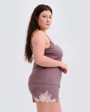 Effetto bamboo cami shorts set 03163 – women's sleepwear, taupe
Woman wearing a brown nightgown with lace details on a white background