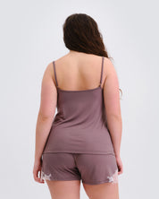 Effetto bamboo cami shorts set 03163 – women's sleepwear, taupe
Woman wearing a mauve satin nightgown with lace trim on a white background