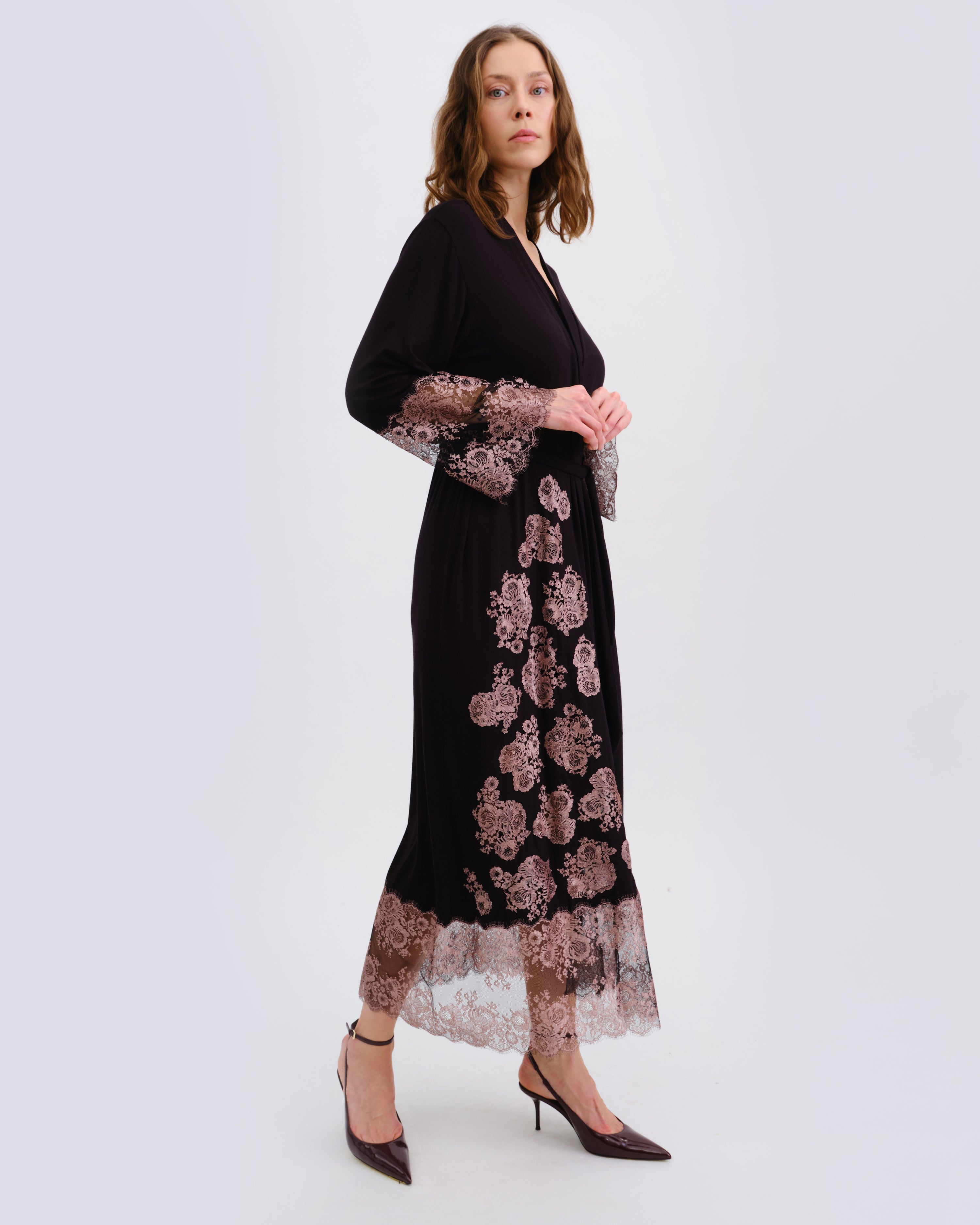 Bamboo long sleeve Robe 03348 black/mauve lace